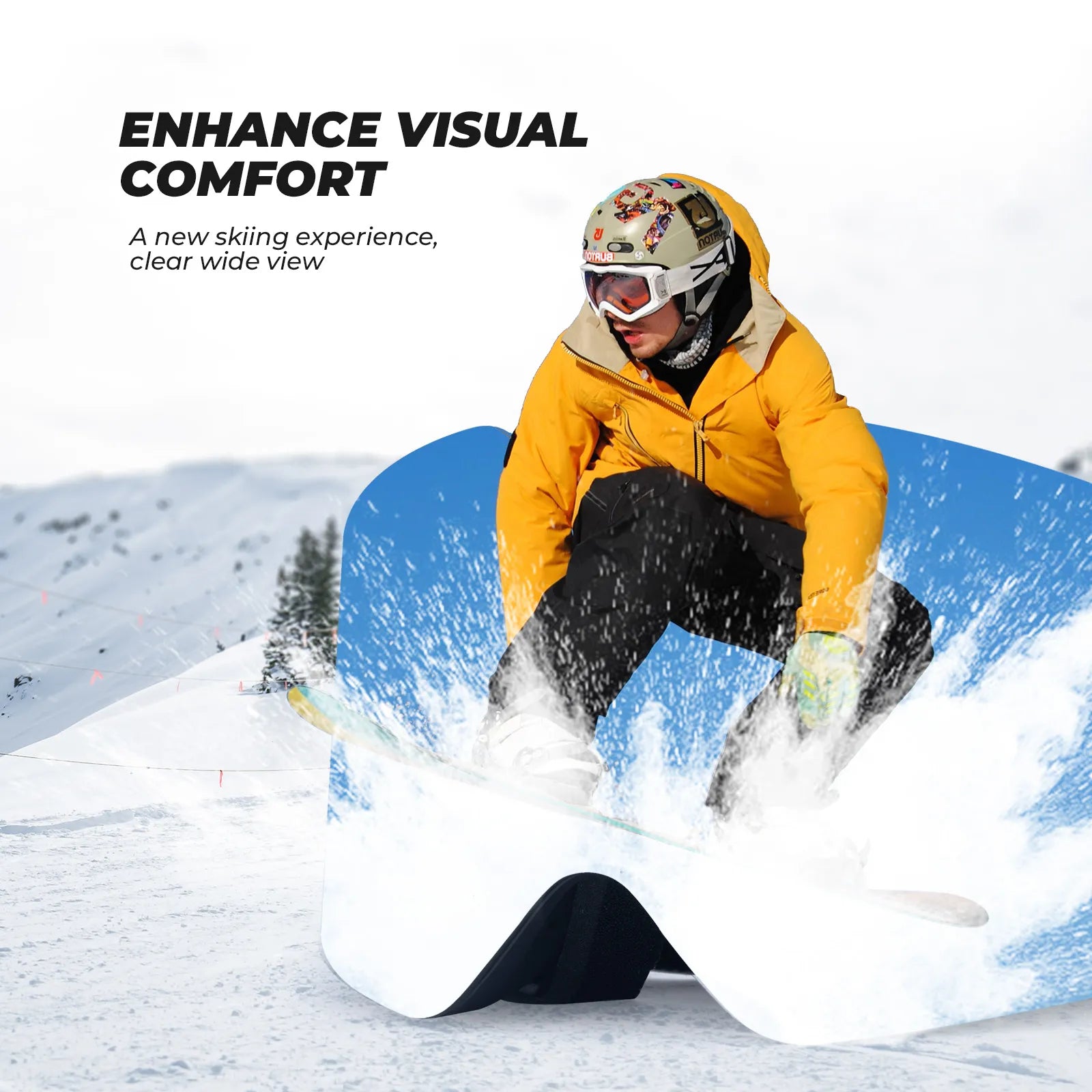 Close-up of Qunature anti-fog wide vision ski goggles lens technology.
#color_black