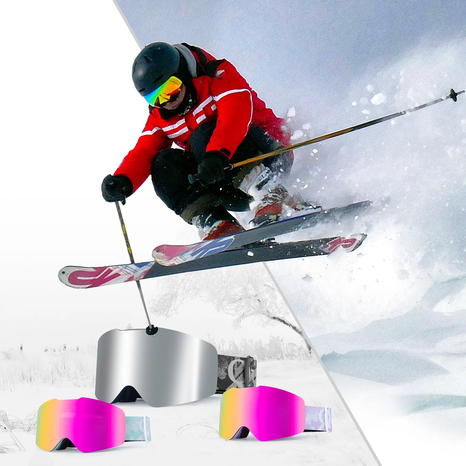 Close-up of Qunature anti-fog wide vision ski goggles lens technology.
#color_black