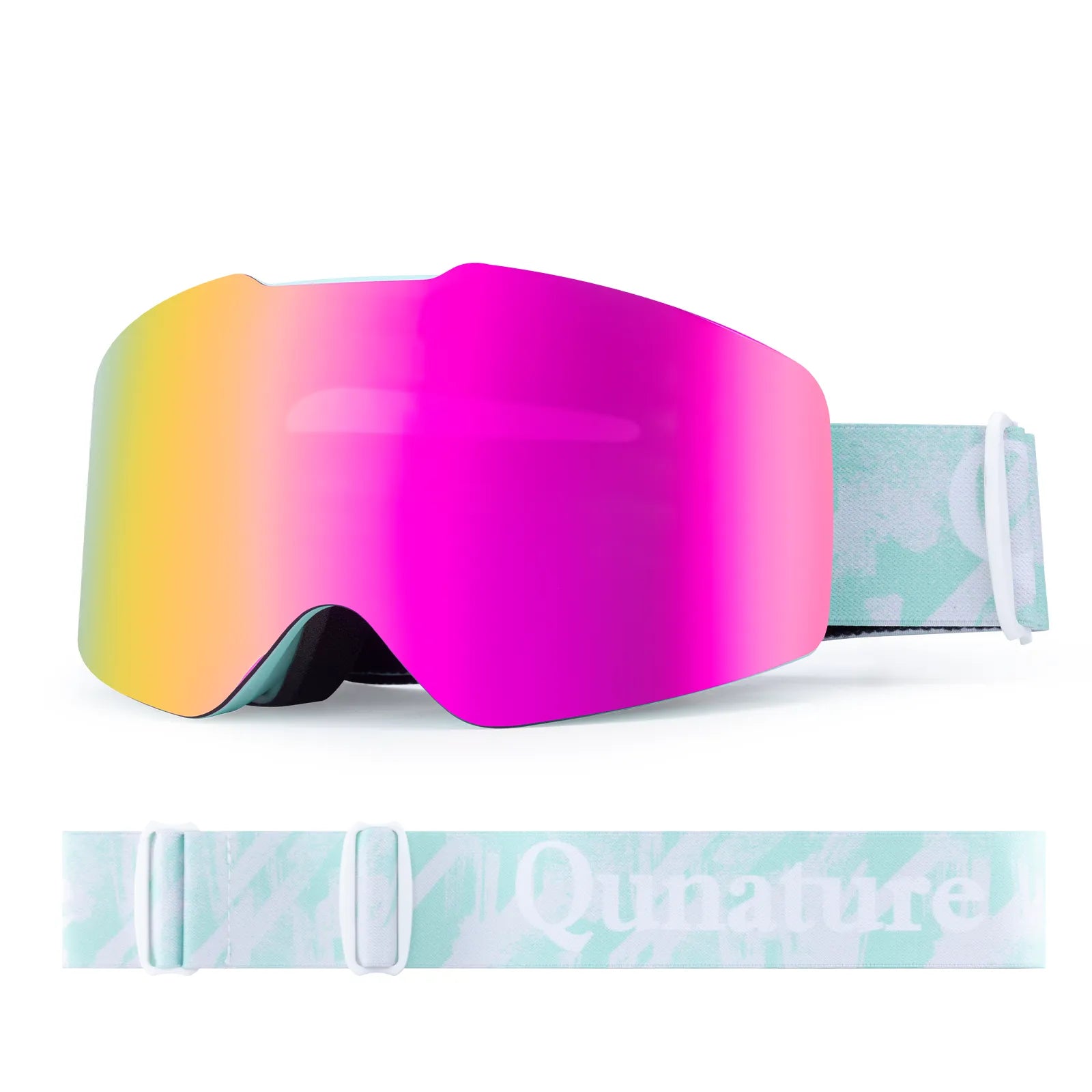 Close-up of Qunature anti-fog wide vision ski goggles lens technology.
#color_sky blue