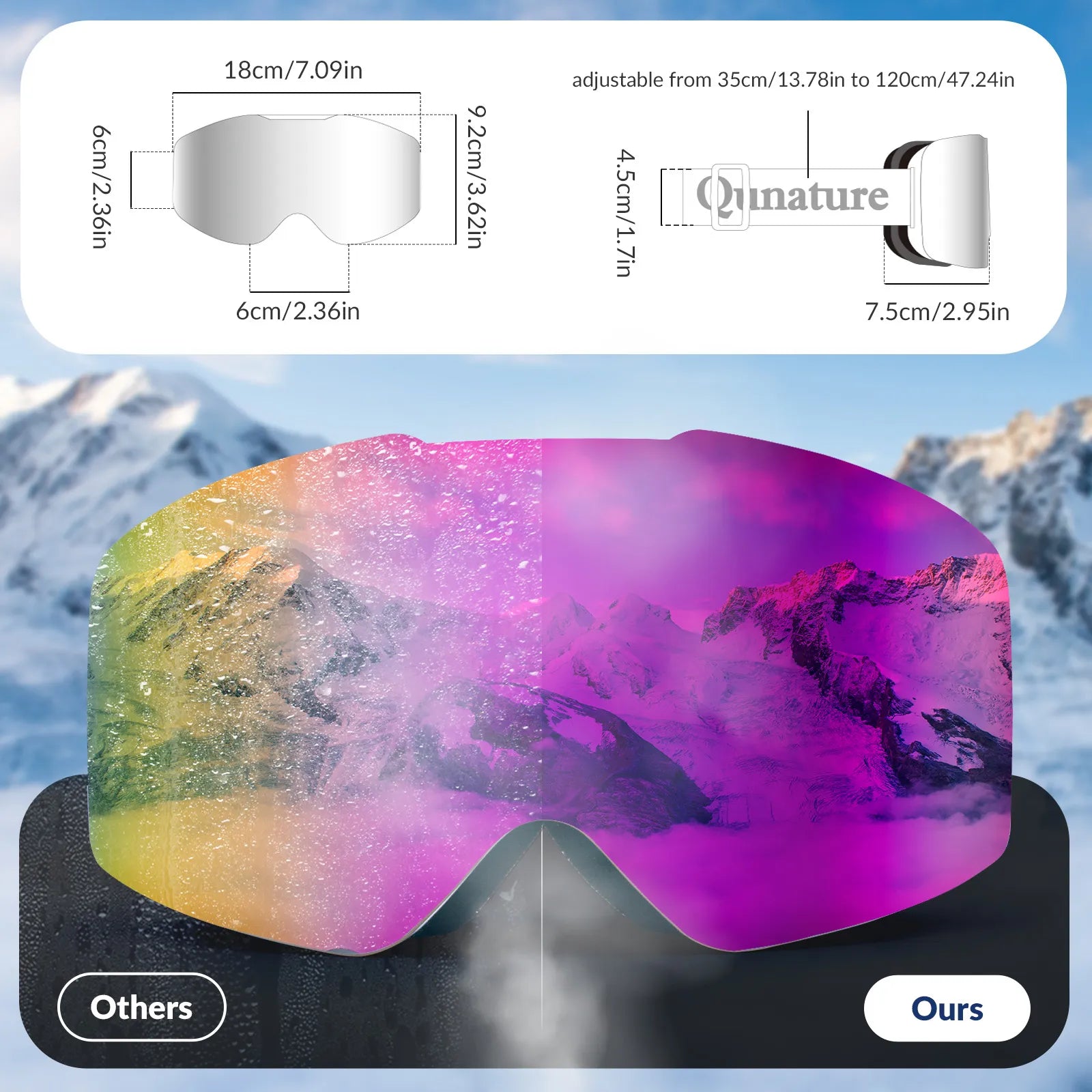 Close-up of Qunature anti-fog wide vision ski goggles lens technology.
#color_sky blue