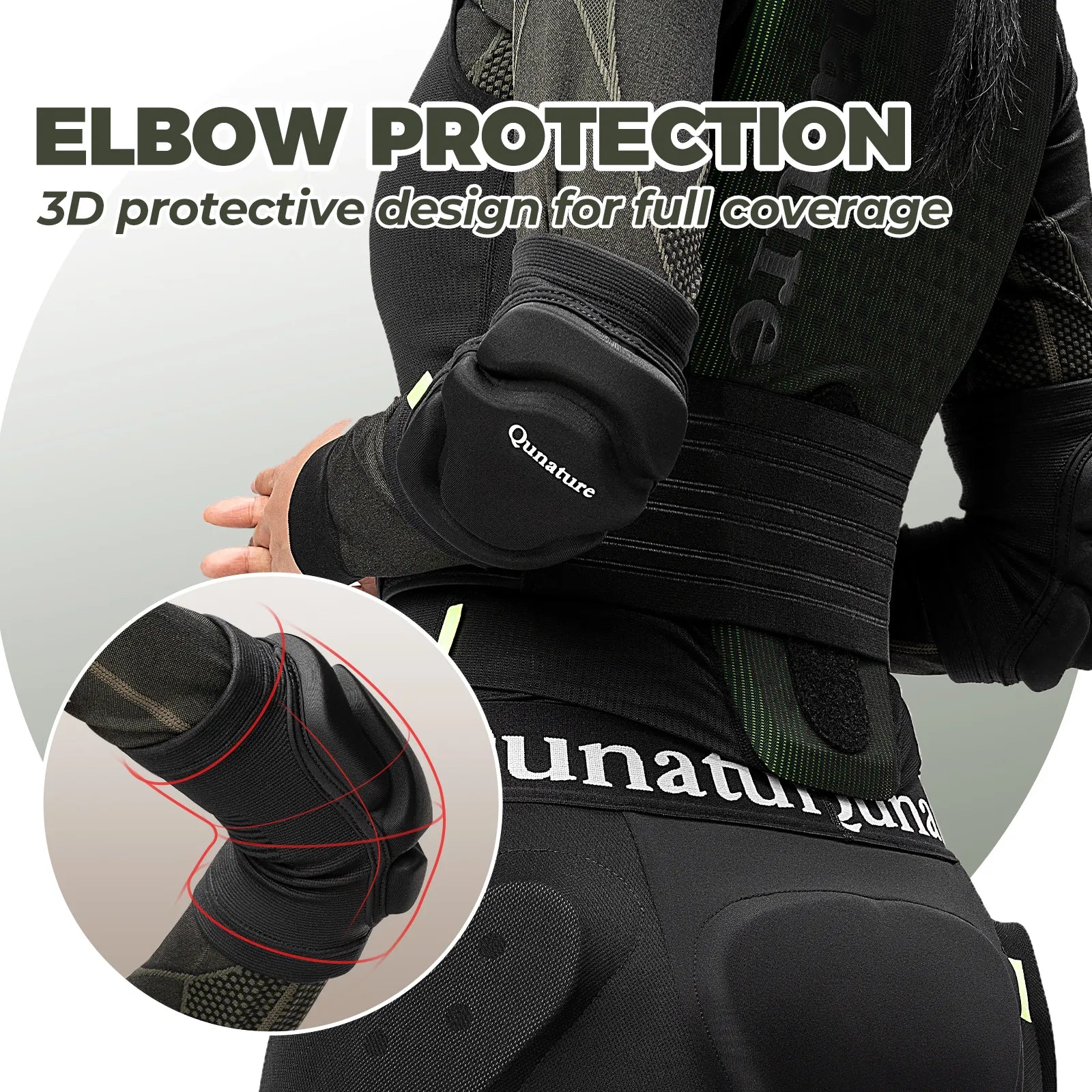 qunature unisex anti-impact ski elbow guards in black showing front view
