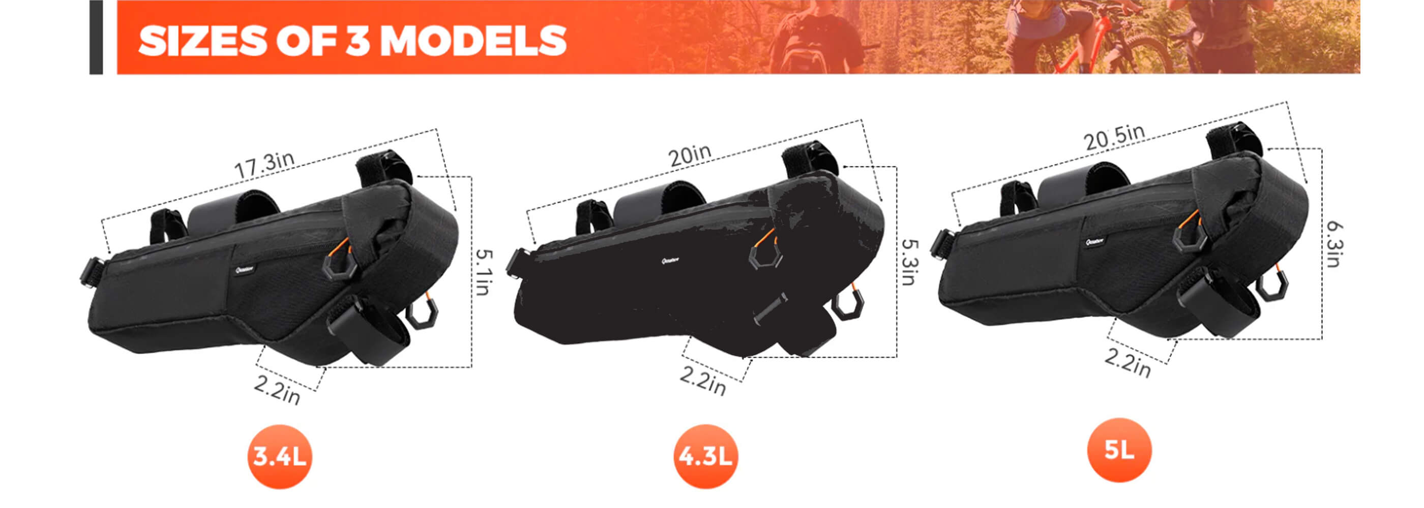 Qunature Bikepacking Frame Bag full view, slim and stable design.