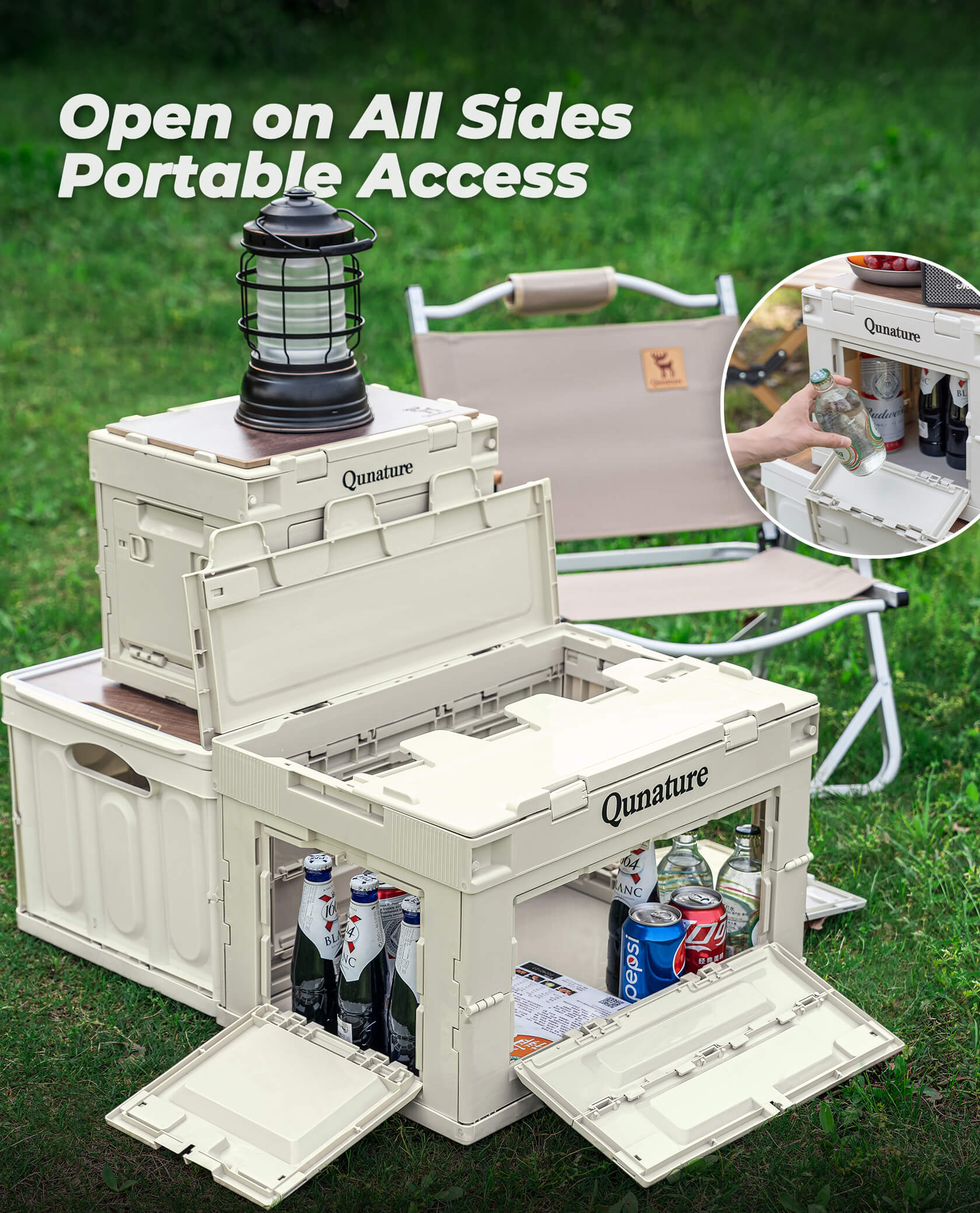 Qunature foldable outdoor storage bin for camping and home organisation.
#capacity_55L With Wood Board