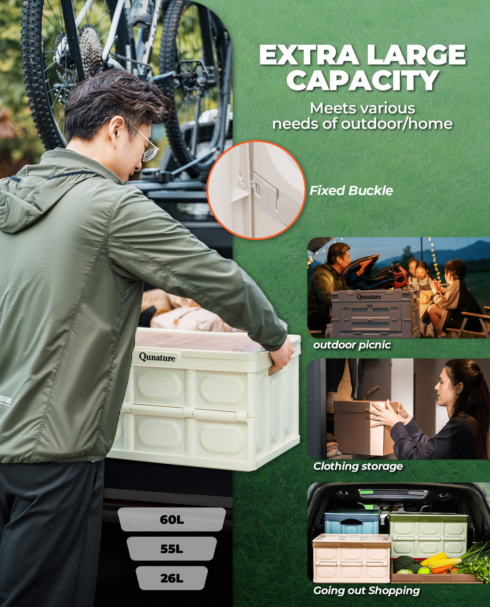 Qunature foldable outdoor storage bin for camping and home organisation.
#capacity_26L With Wood Board