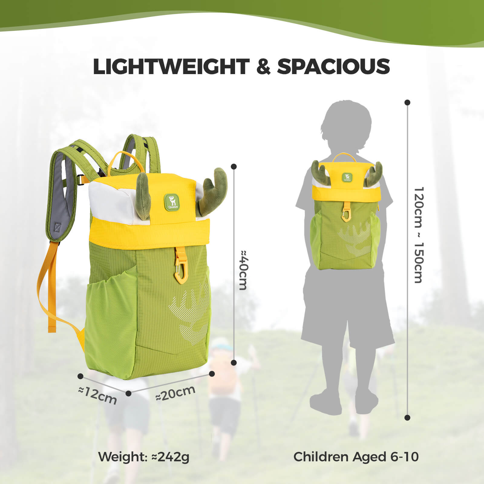 The Qunature 8L lightweight hiking backpack for children is made of water-repellent fabric and is designed specifically for children aged 4-8.
#color_green