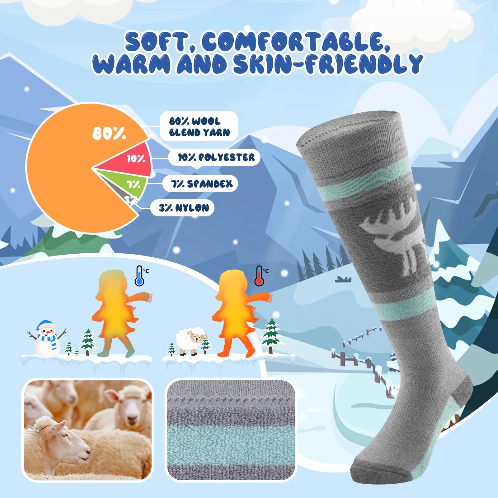 Infographic showing the breathable and thick thermal protection of qunature kids merino wool socks.
#color_grey