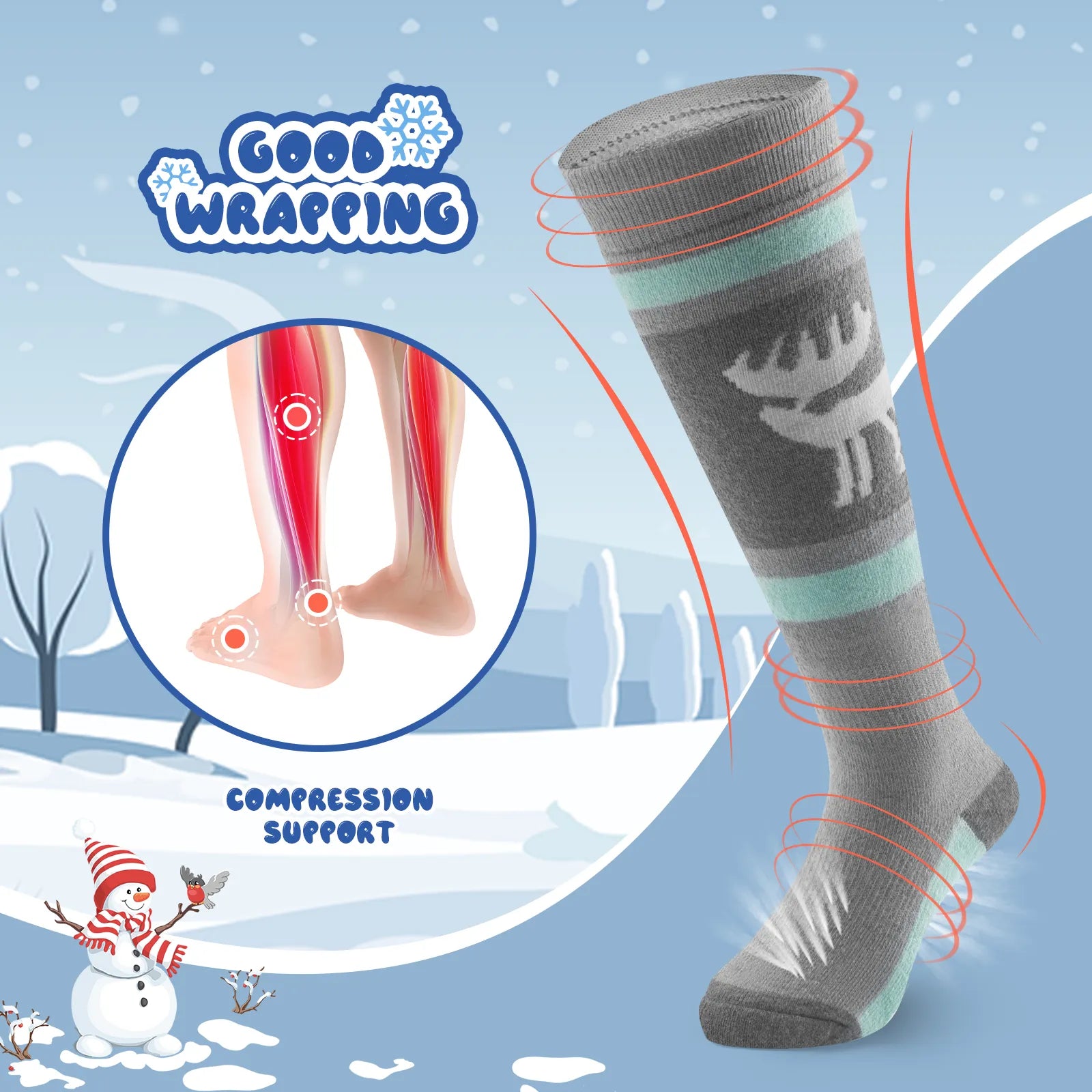 Infographic showing the breathable and thick thermal protection of qunature kids merino wool socks.
#color_grey