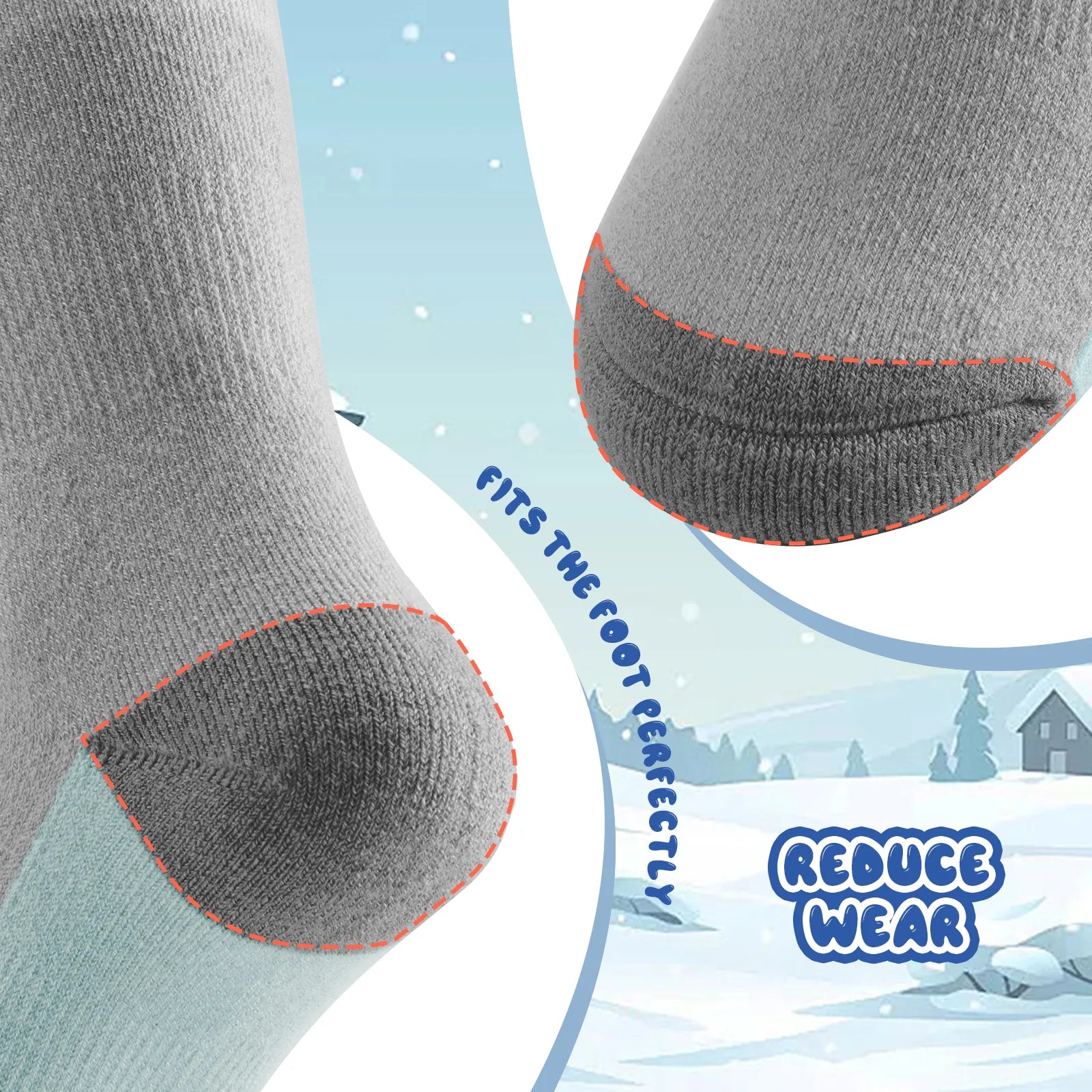Infographic showing the breathable and thick thermal protection of qunature kids merino wool socks.
#color_grey