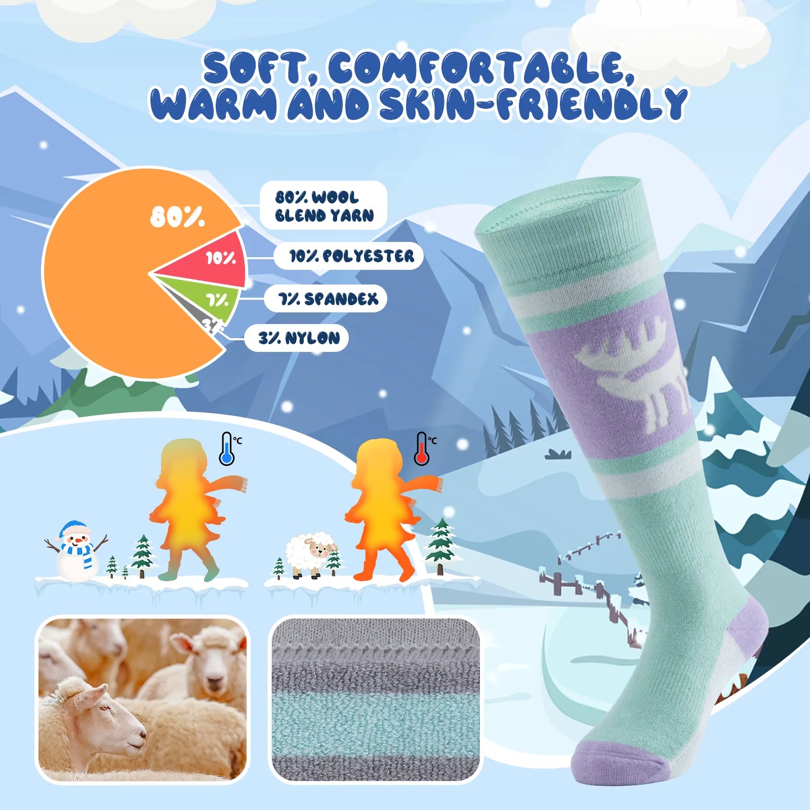 Infographic showing the breathable and thick thermal protection of qunature kids merino wool socks.
#color_light green