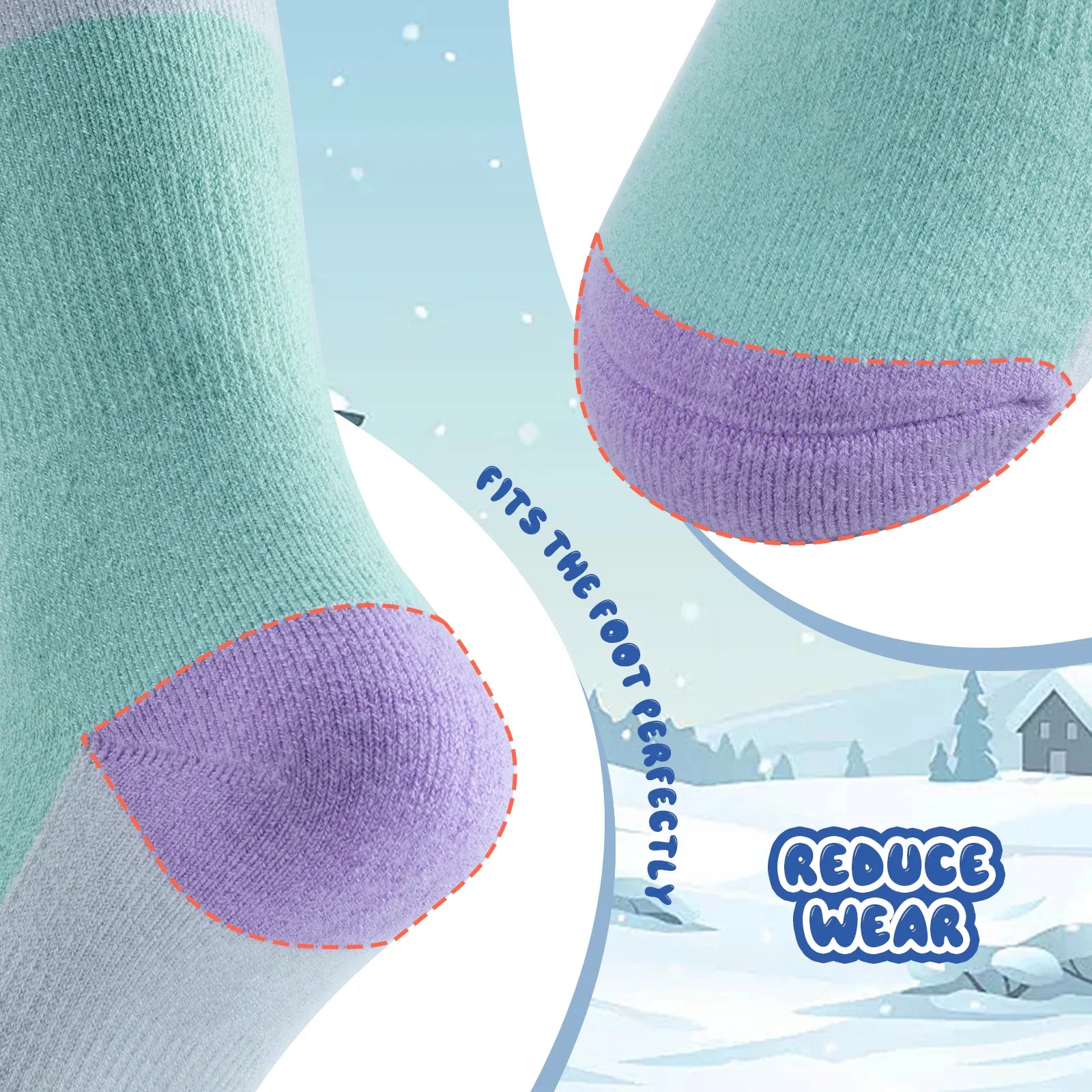 Infographic showing the breathable and thick thermal protection of qunature kids merino wool socks.
#color_light green
