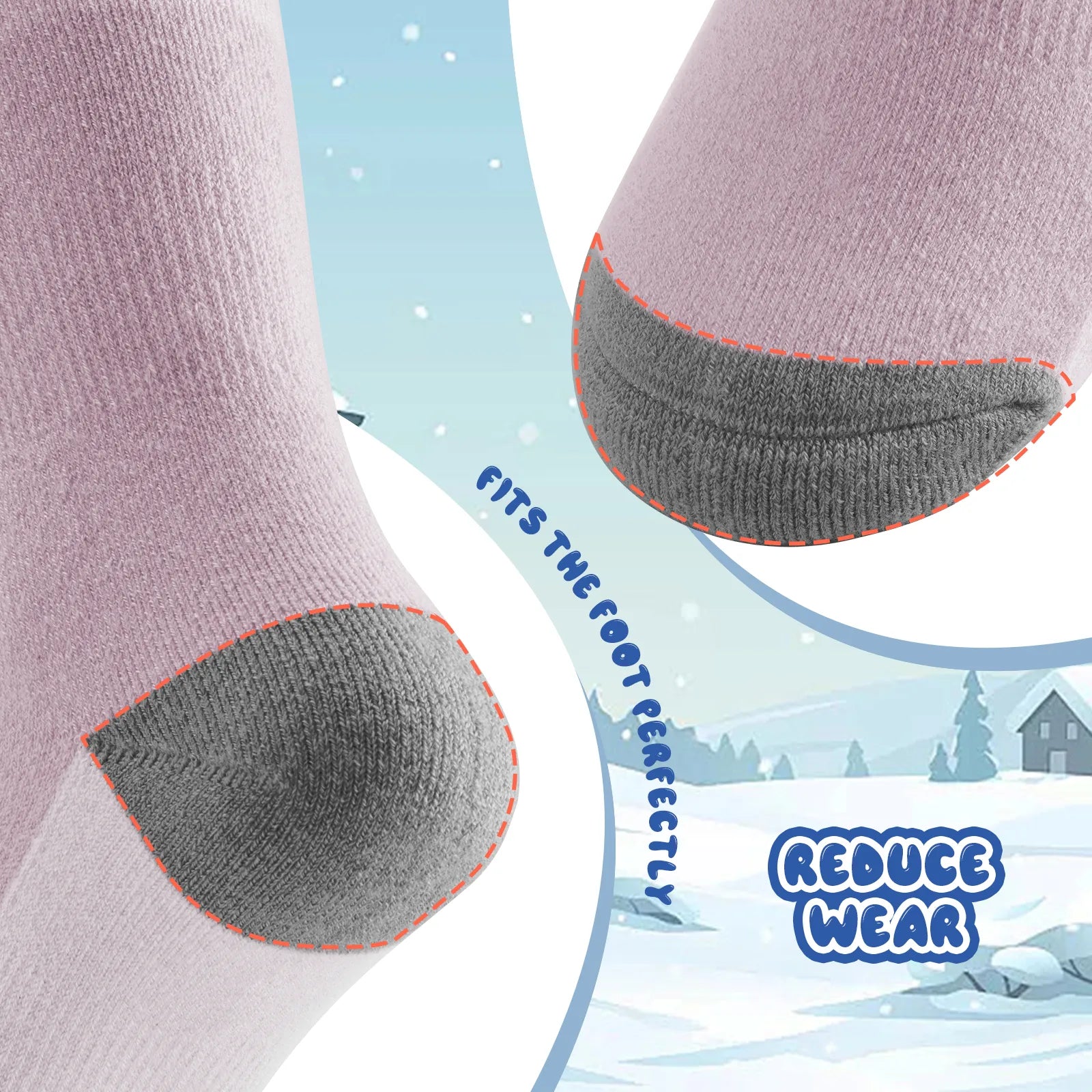 Infographic showing the breathable and thick thermal protection of qunature kids merino wool socks.
#color_pink