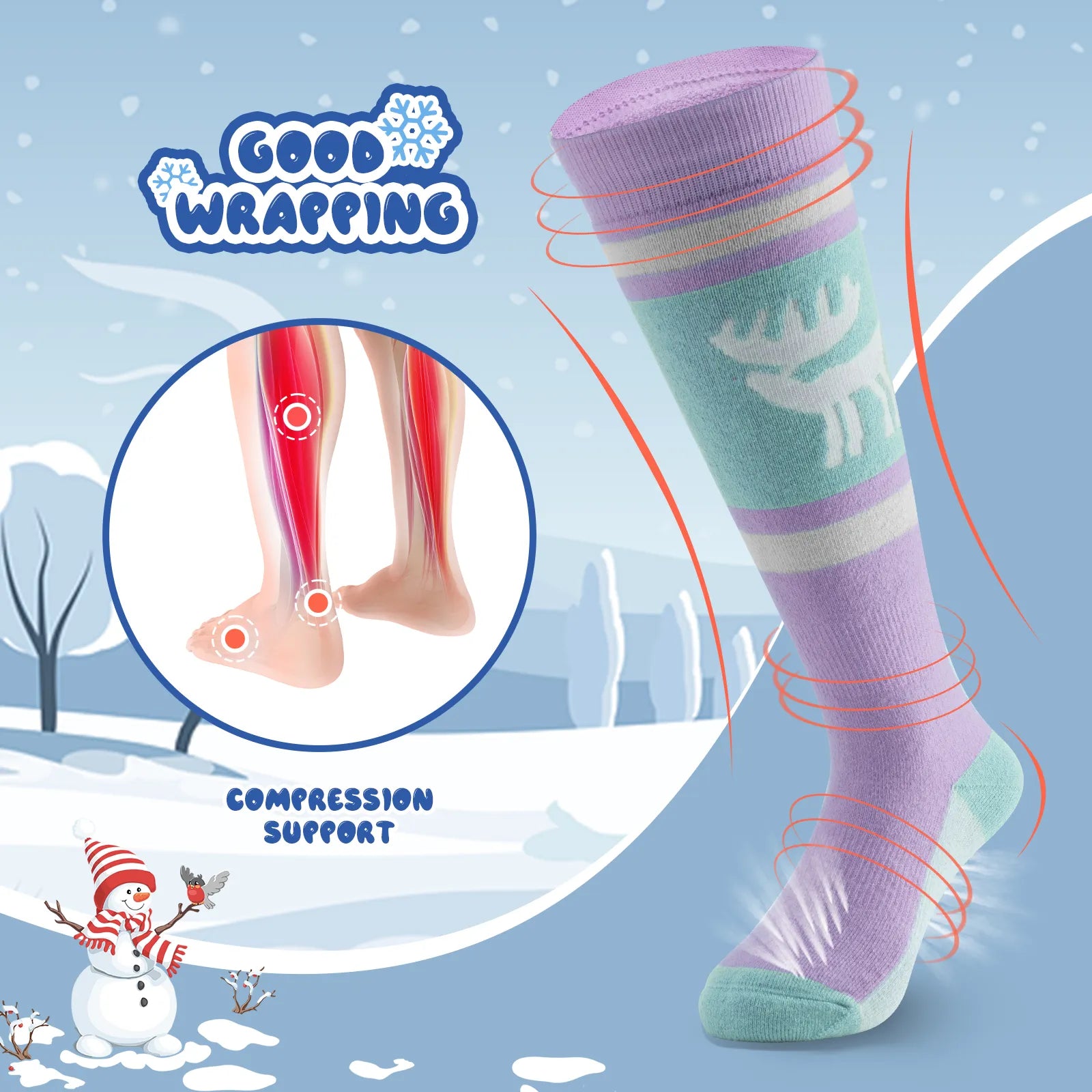 Infographic showing the breathable and thick thermal protection of qunature kids merino wool socks.
#color_purple