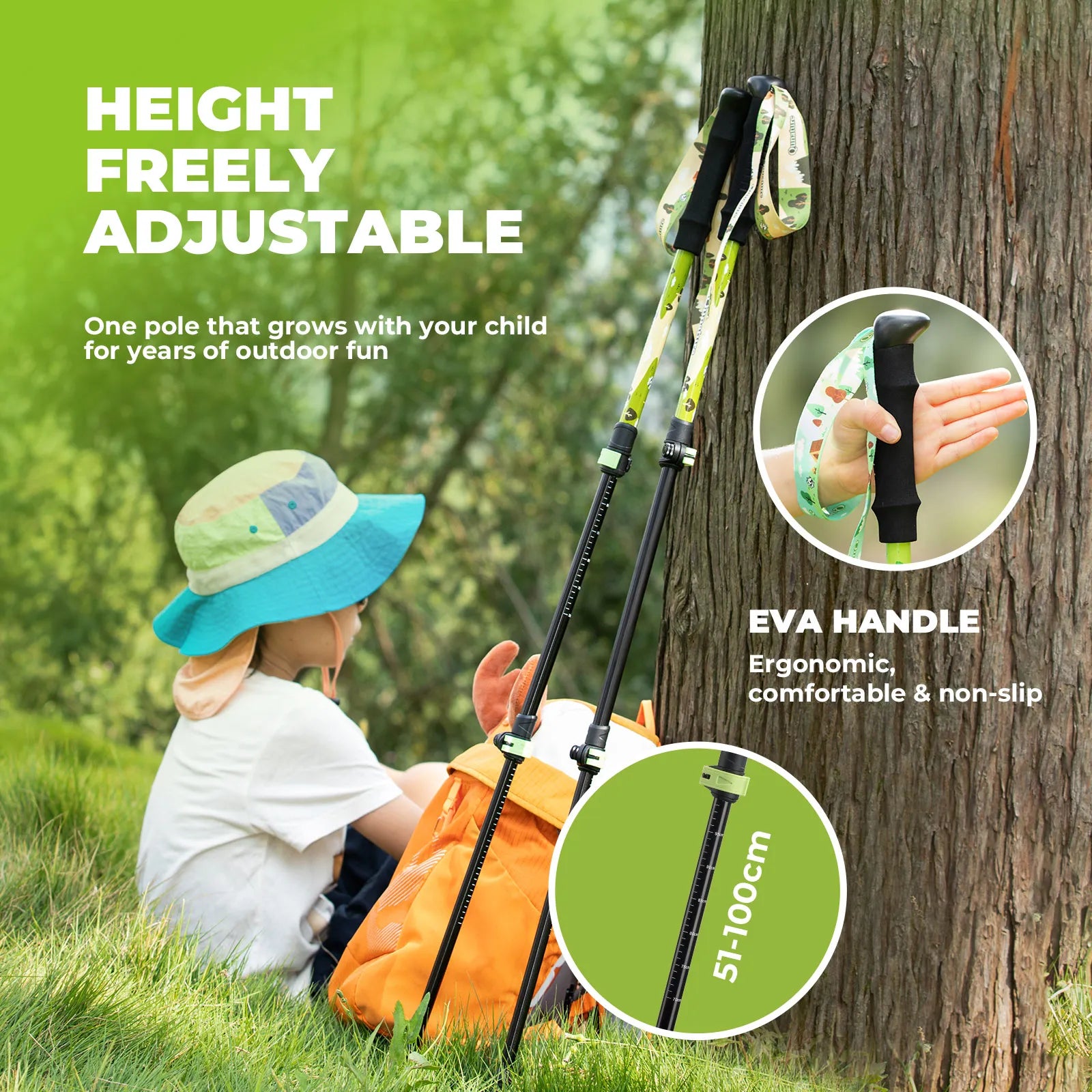 Qunature adjustable kids trekking poles in blue, telescoping from 51cm to 100cm for young hikers.
#color_bud green