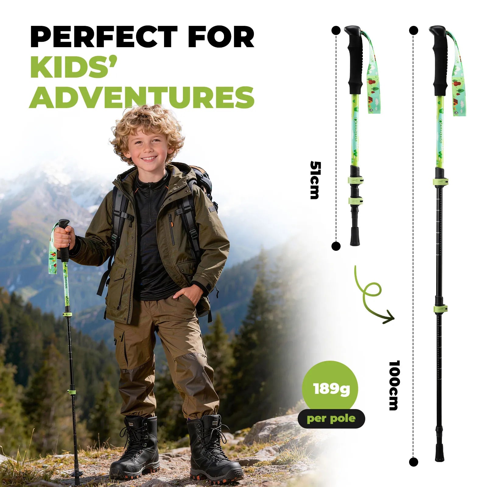 Qunature adjustable kids trekking poles in blue, telescoping from 51cm to 100cm for young hikers.
#color_bud green