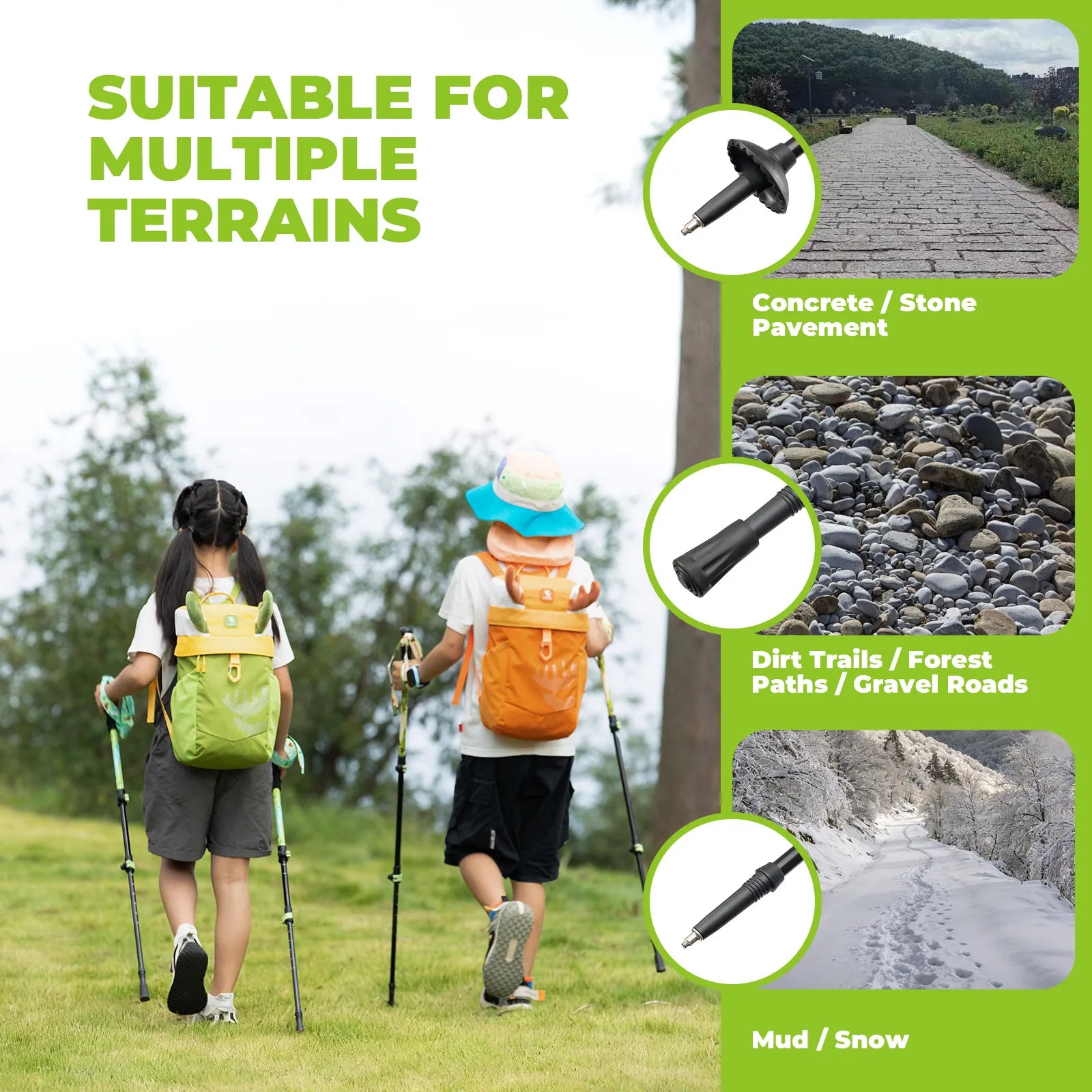 Qunature adjustable kids trekking poles in blue, telescoping from 51cm to 100cm for young hikers.
#color_bud green