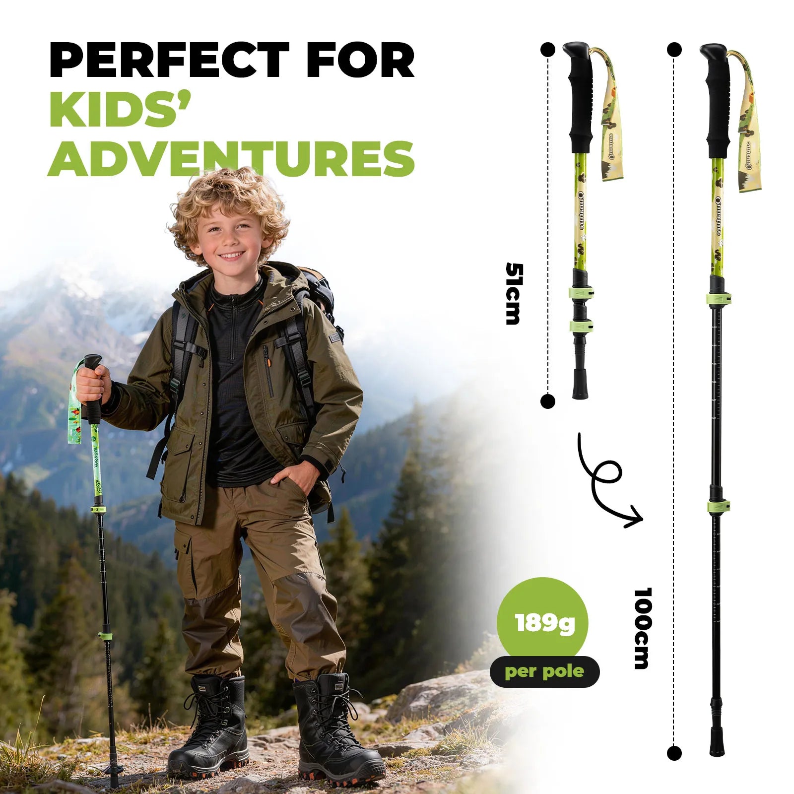 Qunature adjustable kids trekking poles in blue, telescoping from 51cm to 100cm for young hikers.
#color_yellow