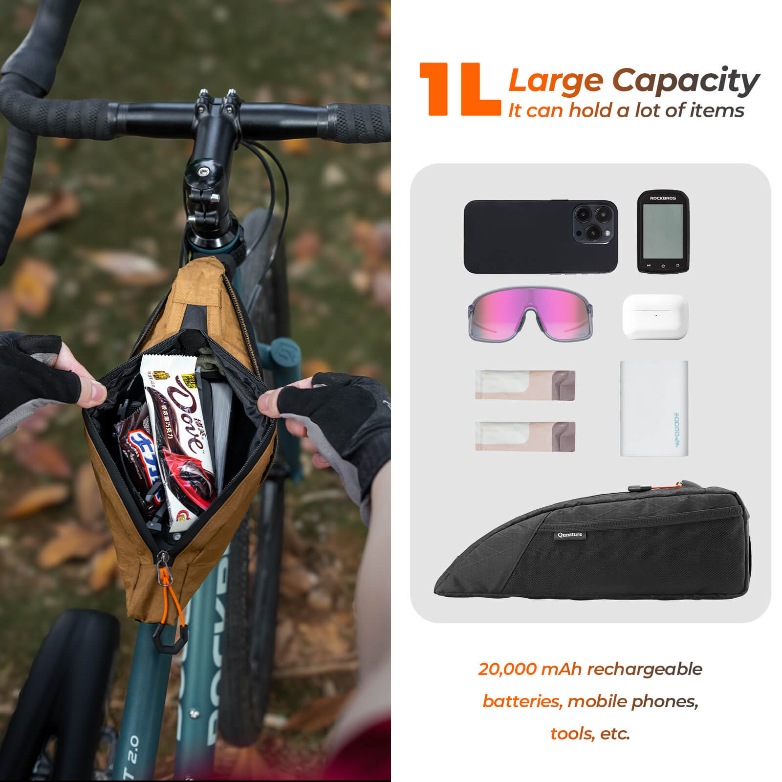 Qunature narrow edge mesh top tube bag bikepacking storage 1L
#color_khaki