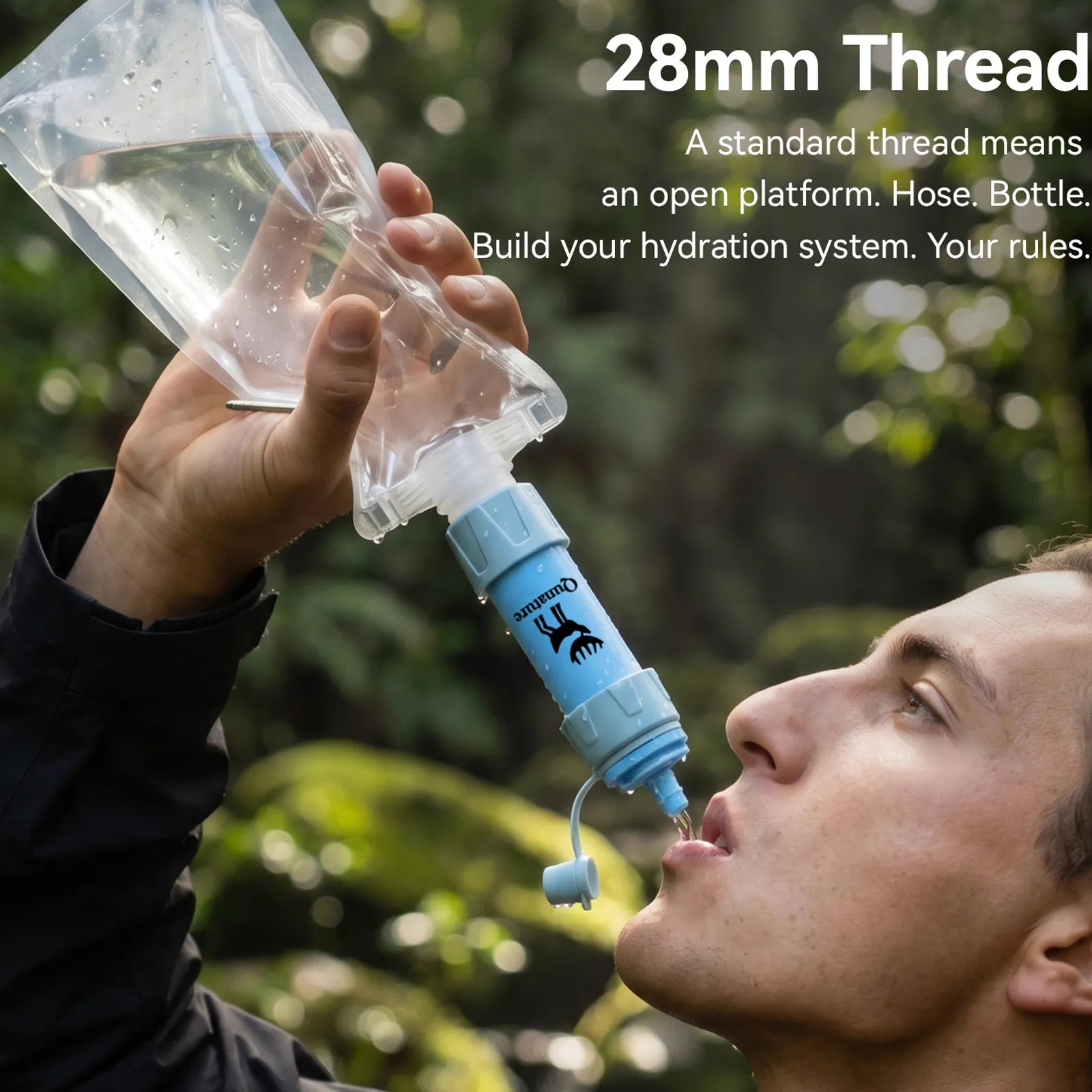 ROCKBROS Outdoor Portable Water Filter Bottle Set with replacement filters and carrying strap.
#color_sky blue