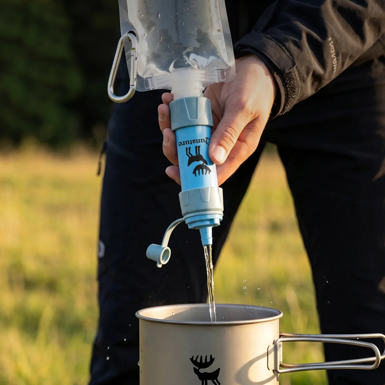 ROCKBROS Outdoor Portable Water Filter Bottle Set with replacement filters and carrying strap.
#color_sky blue