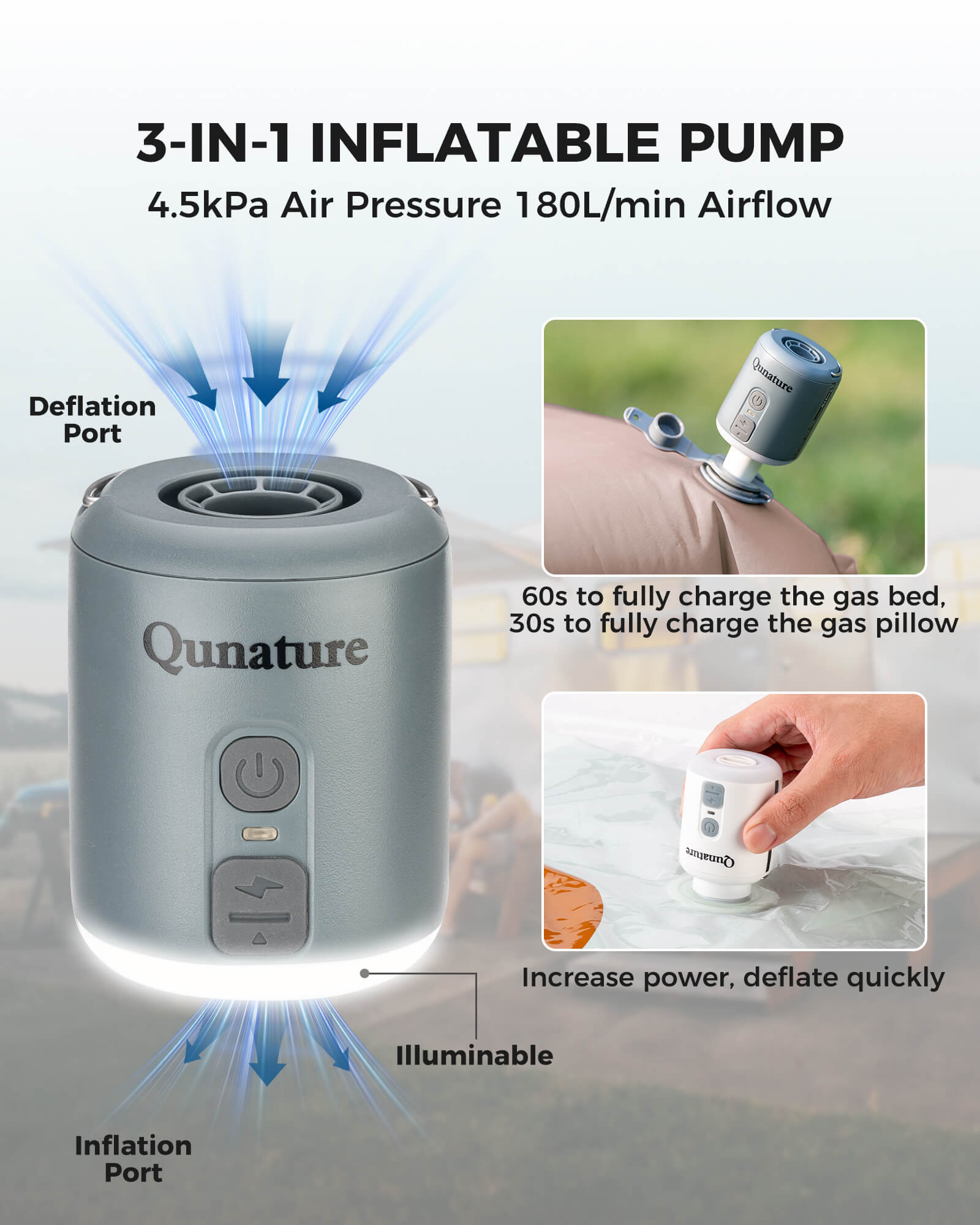 Qunature 3-in-1 Mini Outdoor Air Pump 1600mAh Inflator, Deflator & LED Light.
#color_grey