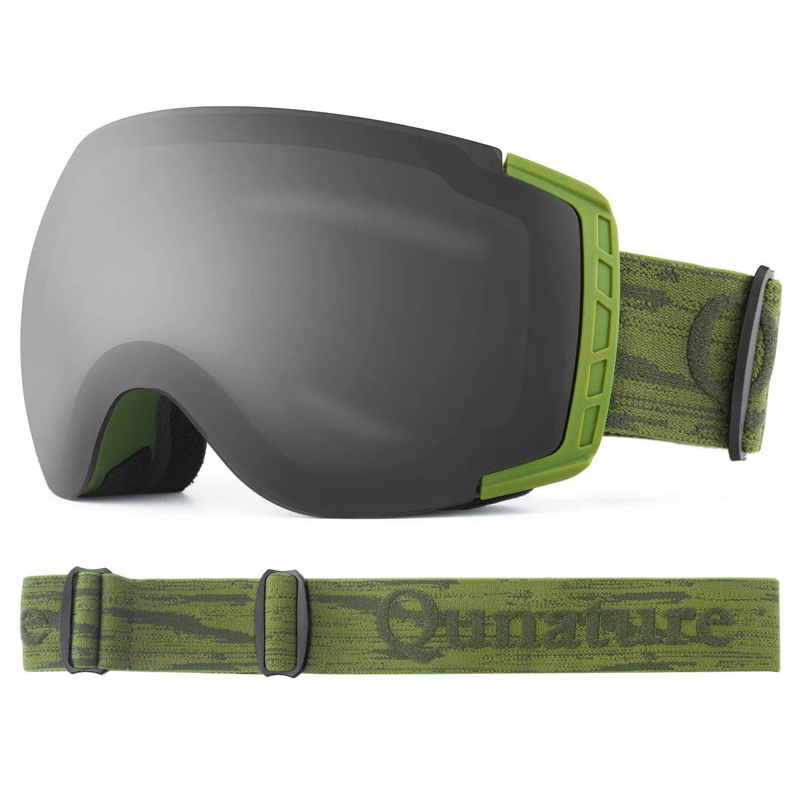 ROCKBROS unisex spherical ski goggles with double lens and anti-fog technology.
#color_black green