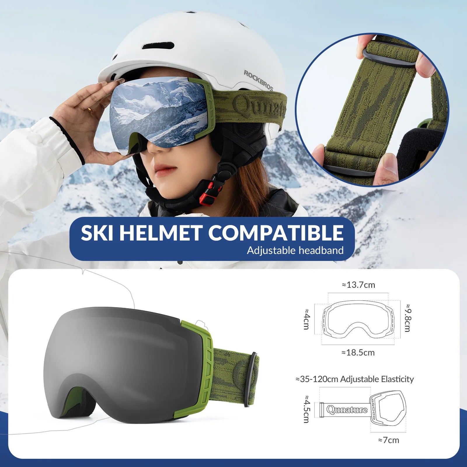 ROCKBROS unisex spherical ski goggles with double lens and anti-fog technology.
#color_black green