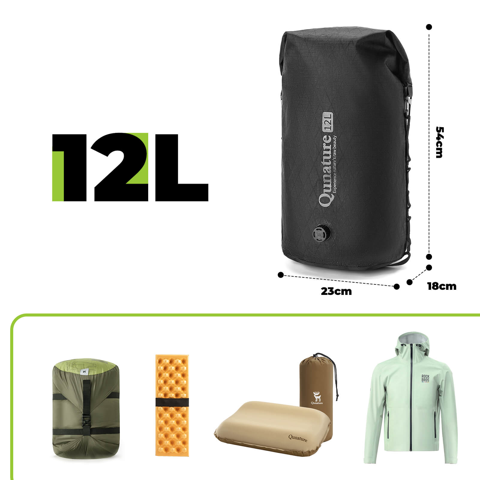 qunature ultralight waterproof compression dry bag for bikepacking adventure.
#color_black