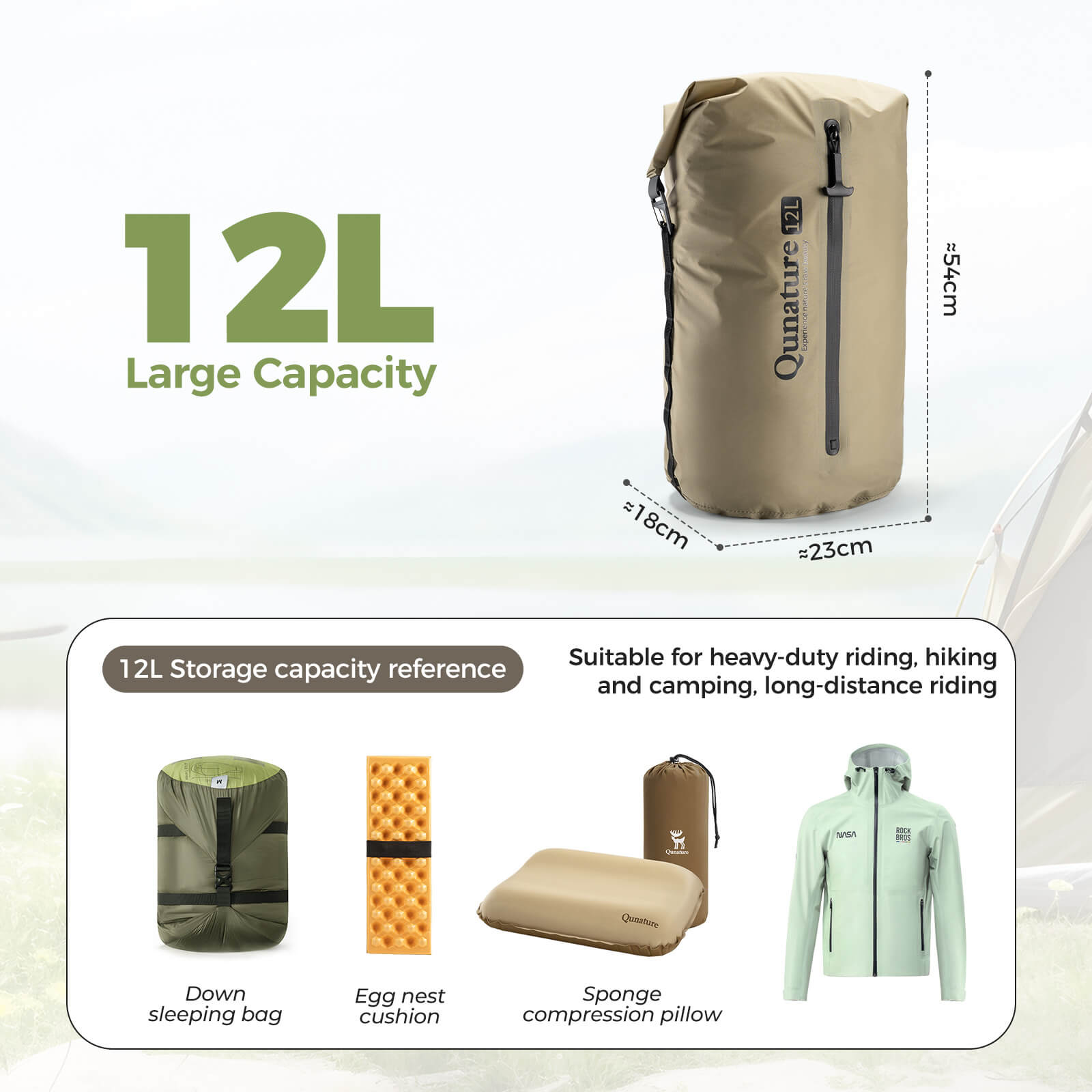 Qunature Waterproof Compression Sack 3L-12L for Camping and Bikepacking
#color_khaki
#size_12L