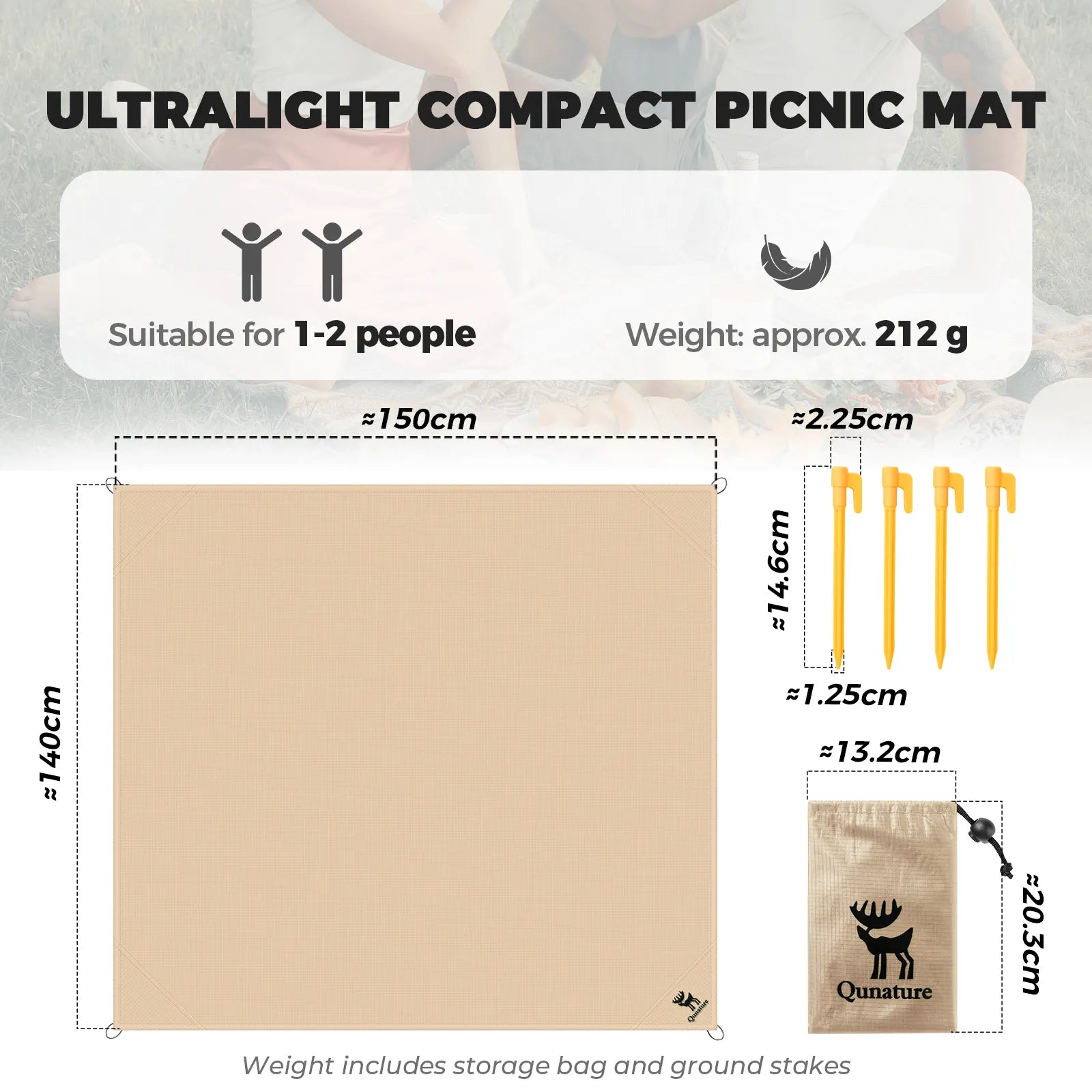 qunature sandproof beach blanket being used by a family on the sand, oversized and portable for seaside travel.
#color_light khaki