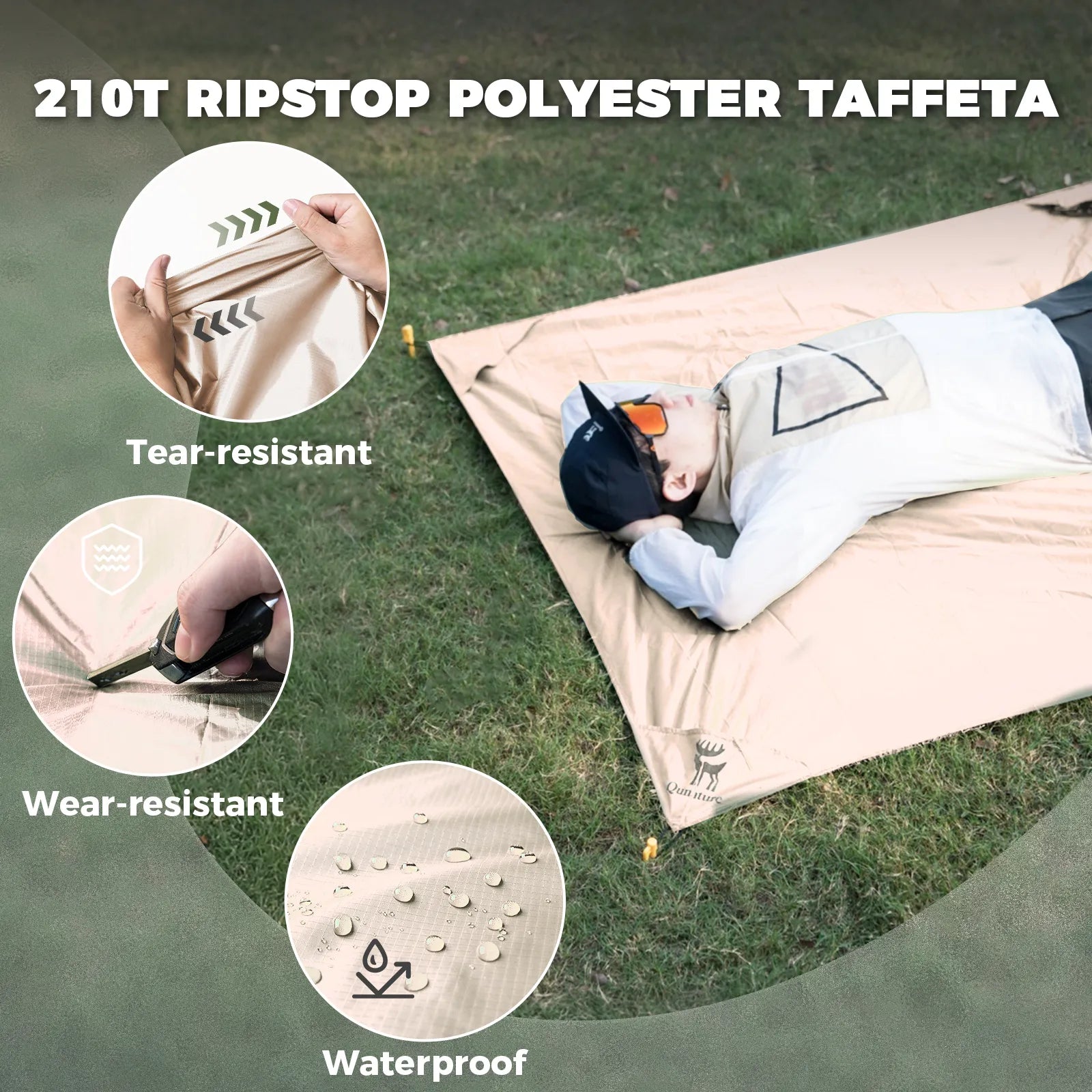 qunature sandproof beach blanket being used by a family on the sand, oversized and portable for seaside travel.
#color_light khaki
