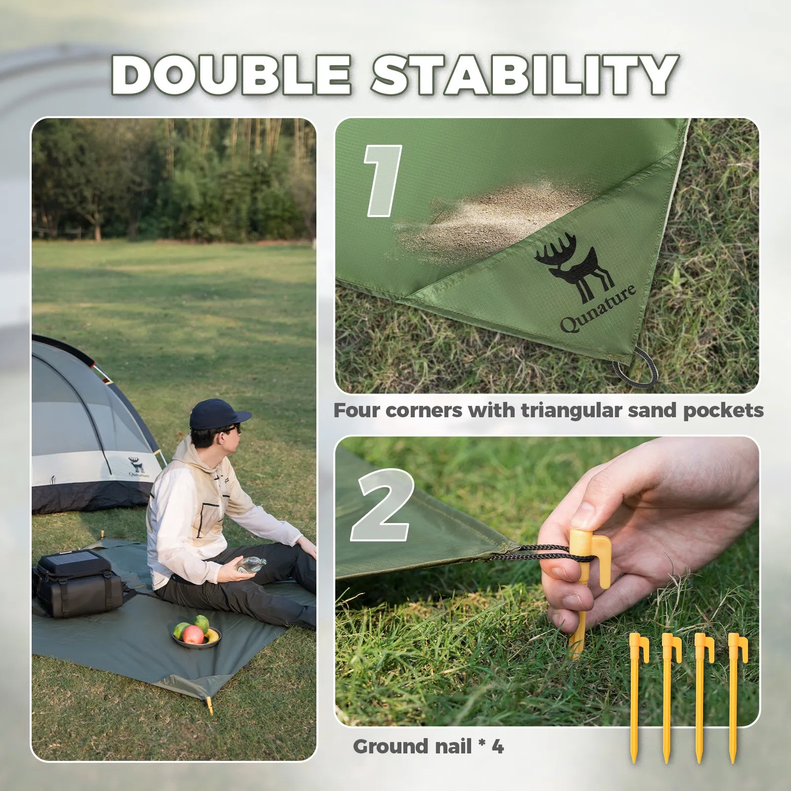 qunature sandproof beach blanket being used by a family on the sand, oversized and portable for seaside travel.
#color_light khaki