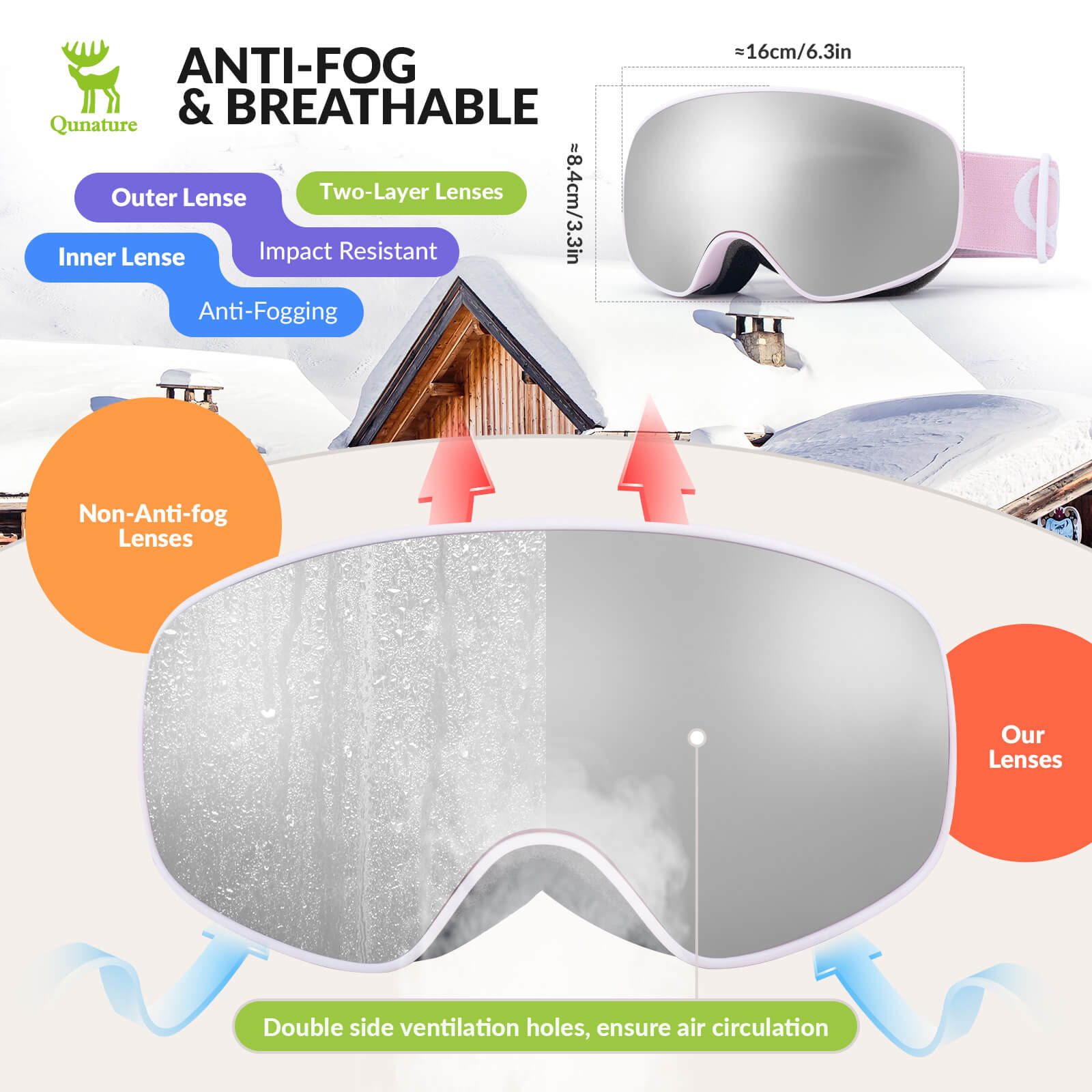 QUNATURE youth ski goggles with anti-fog and UV protection for boys and girls
#color_pink