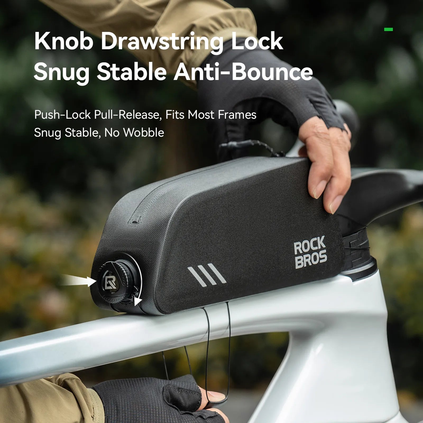 ROCKBROS 0.9L large-capacity waterproof cycling frame bag, made of black wear-resistant material, with a streamlined design.