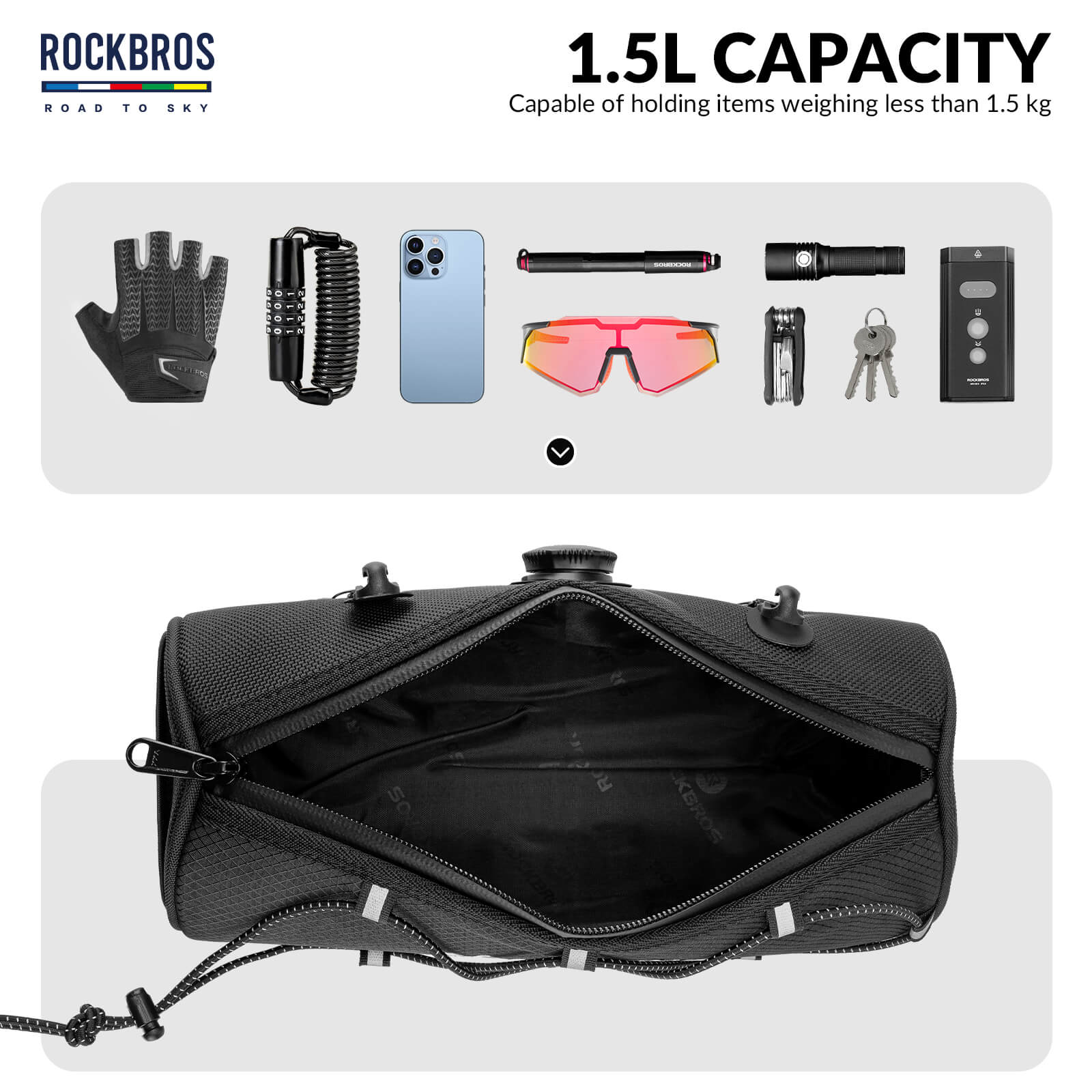 ROCKBROS 1.5L Deluxe Bike Handlebar Bag with One-Click Twist Lock System.
#color_black