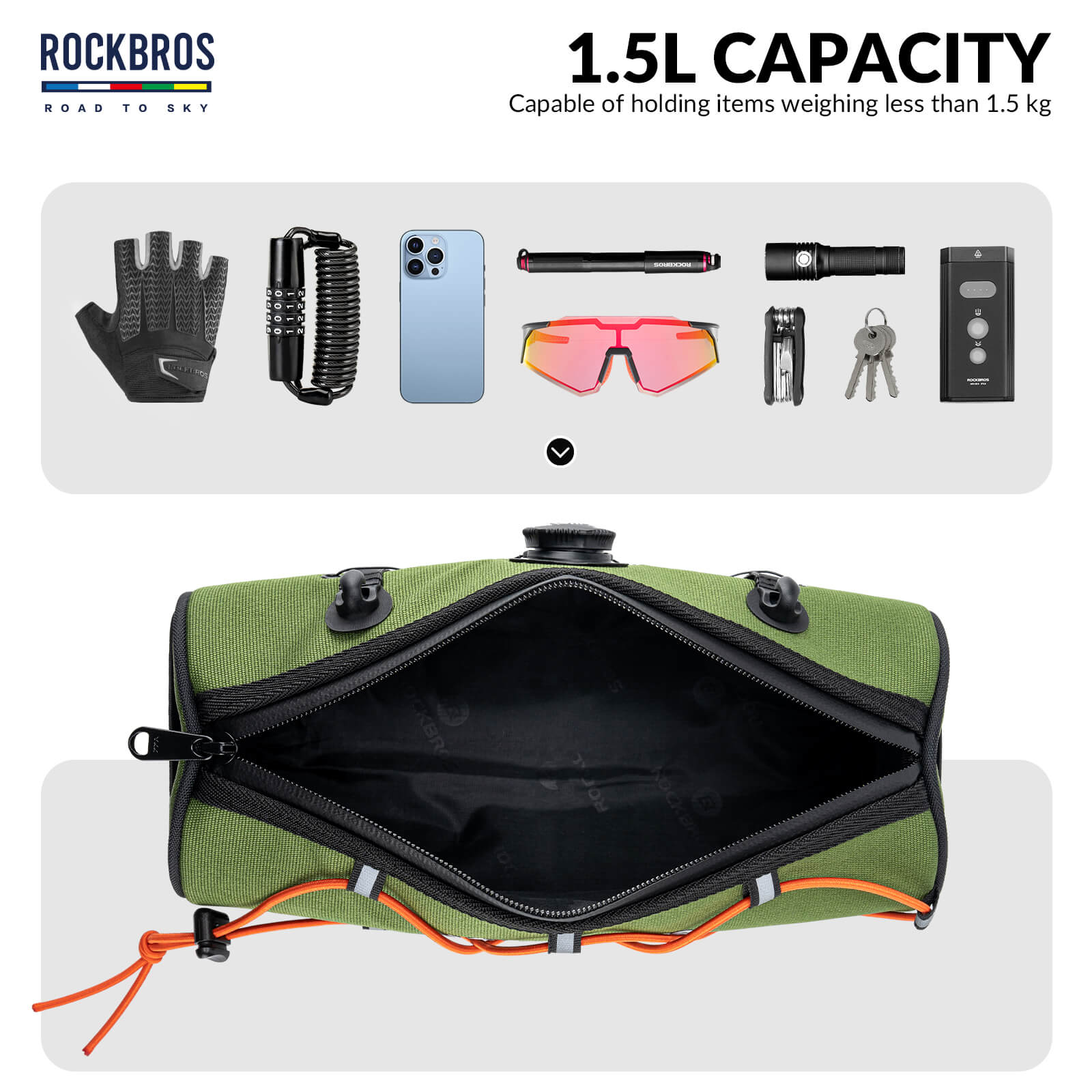 ROCKBROS 1.5L Deluxe Bike Handlebar Bag with One-Click Twist Lock System.
#color_green