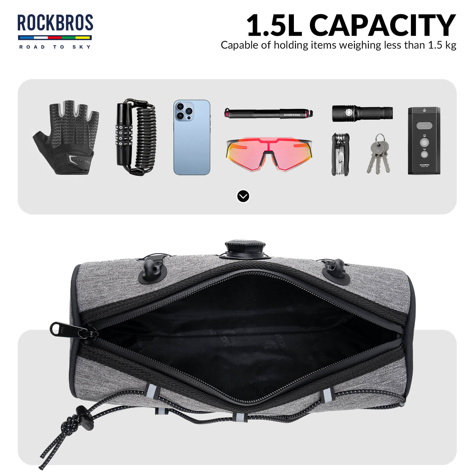 ROCKBROS 1.5L Deluxe Bike Handlebar Bag with One-Click Twist Lock System.
#color_grey