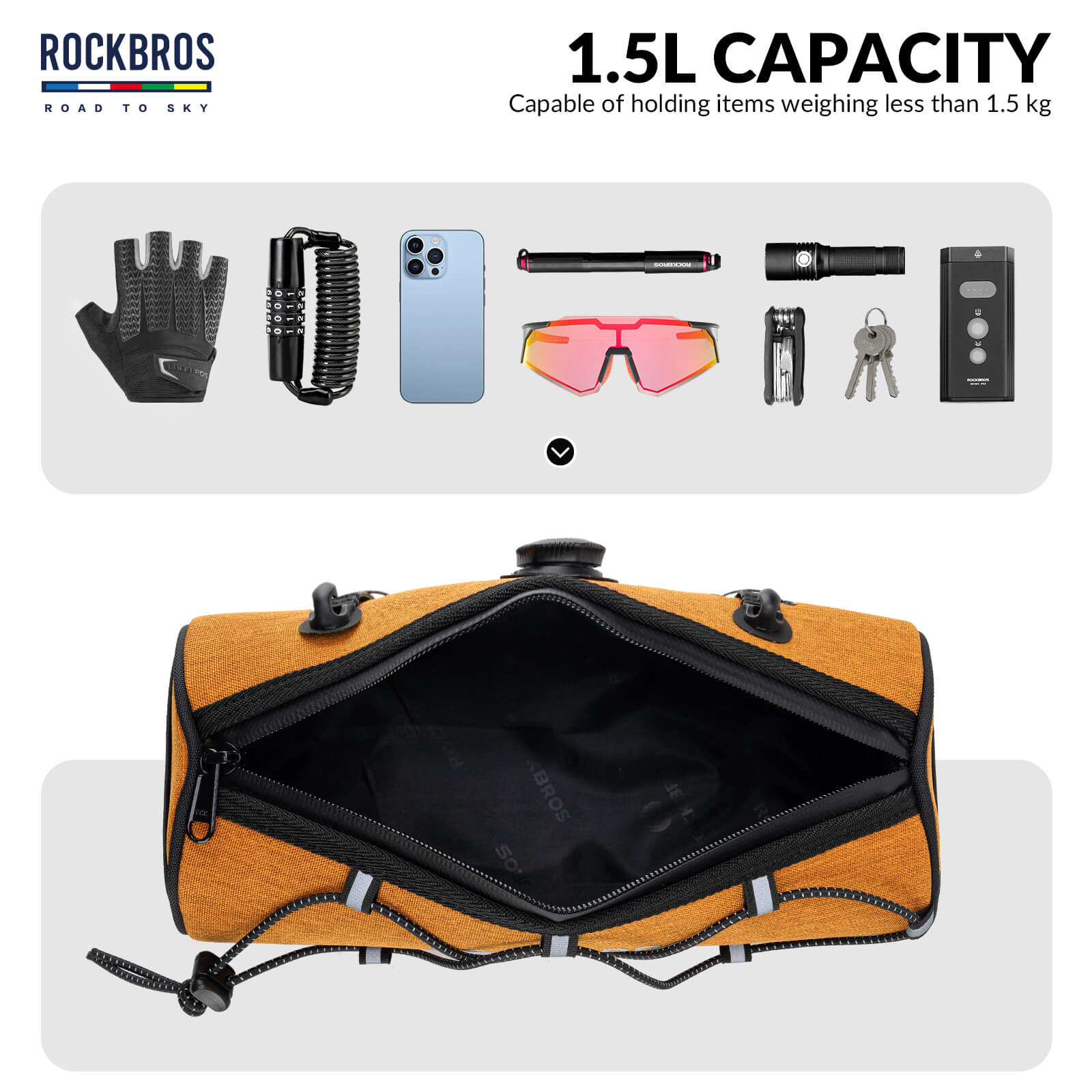 ROCKBROS 1.5L Deluxe Bike Handlebar Bag with One-Click Twist Lock System.
#color_orange