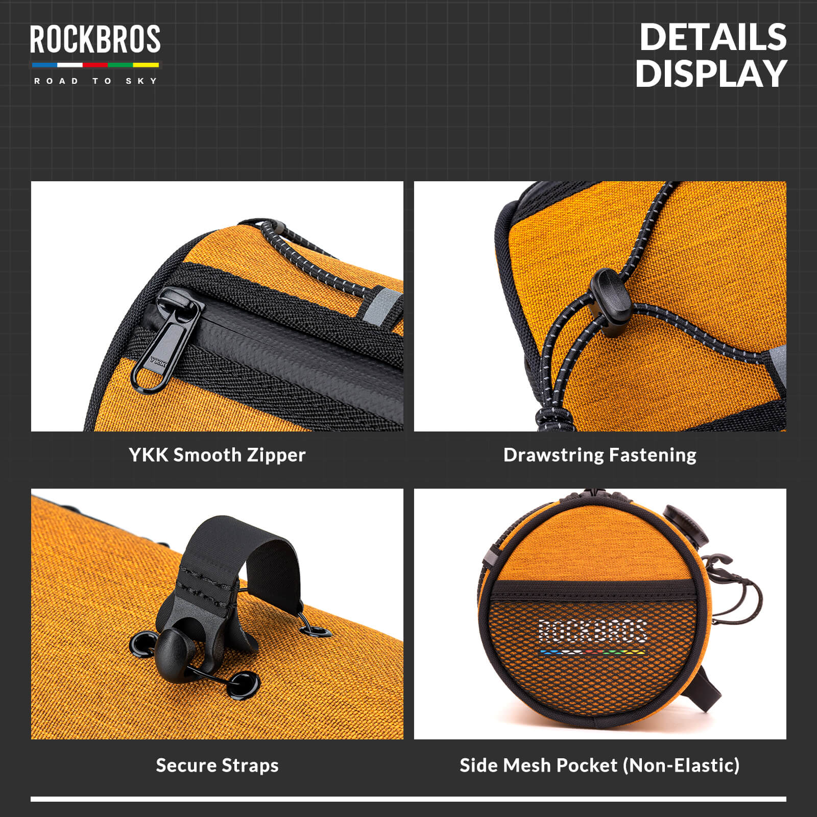 ROCKBROS 1.5L Deluxe Bike Handlebar Bag with One-Click Twist Lock System.
#color_orange