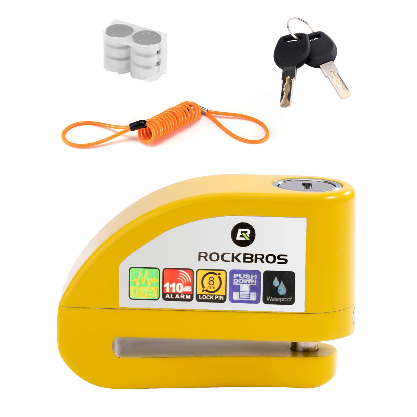 rockbros 110dB disc brake lock with alarm and reminder cable for motorcycle and bike security.
#color_yellow