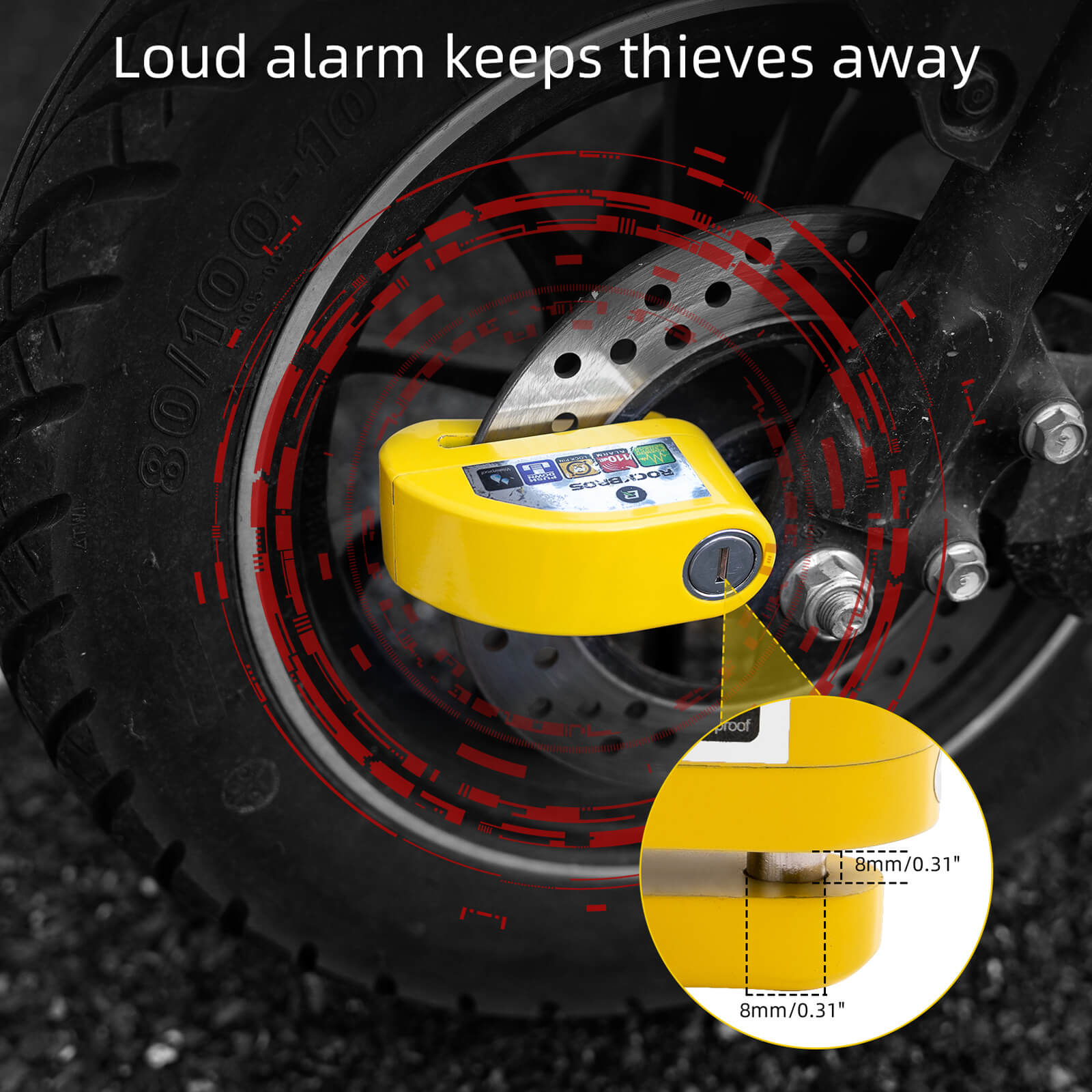 rockbros 110dB disc brake lock with alarm and reminder cable for motorcycle and bike security.
#color_yellow