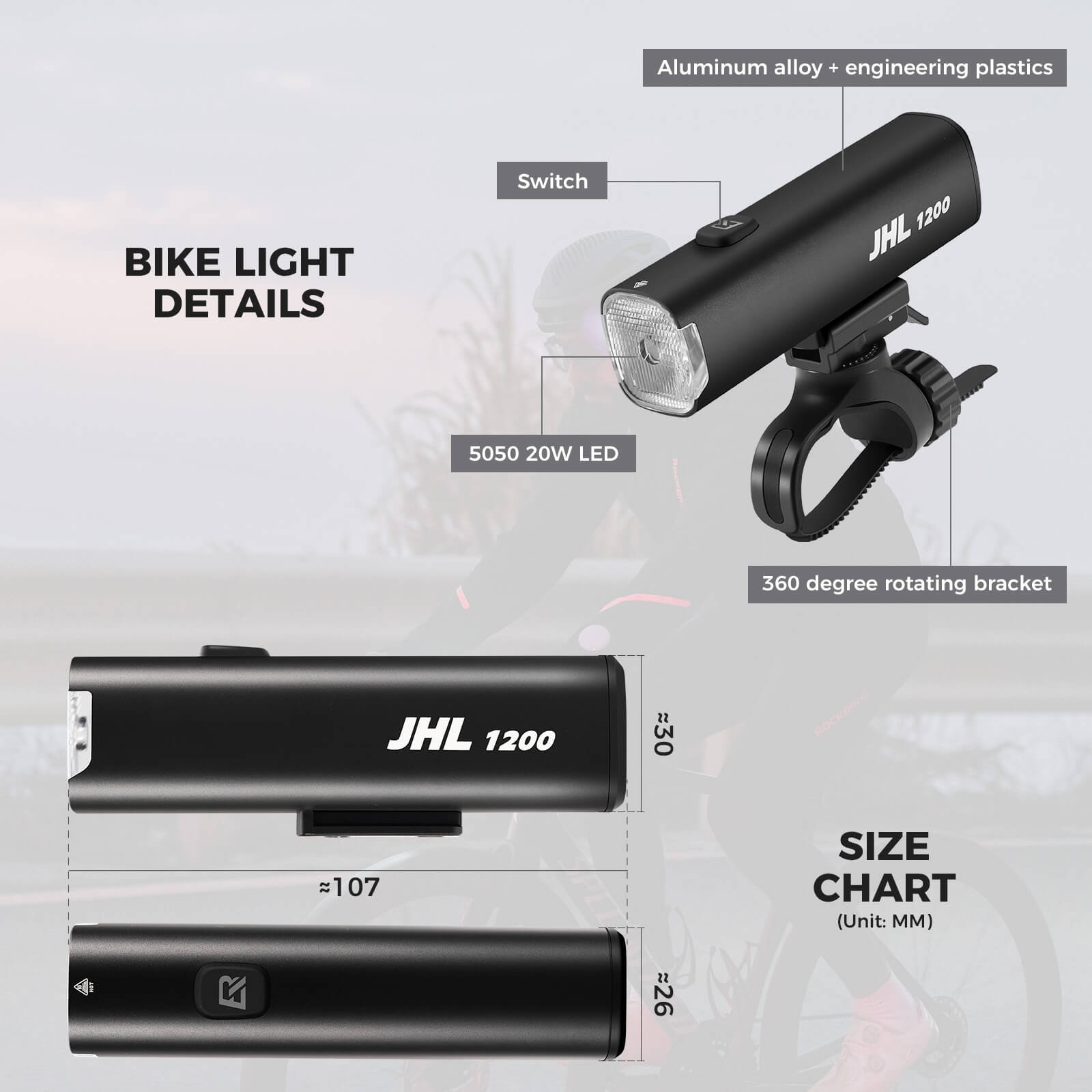 rockbros 1200LM Waterproof Bike Light for Night Riding.