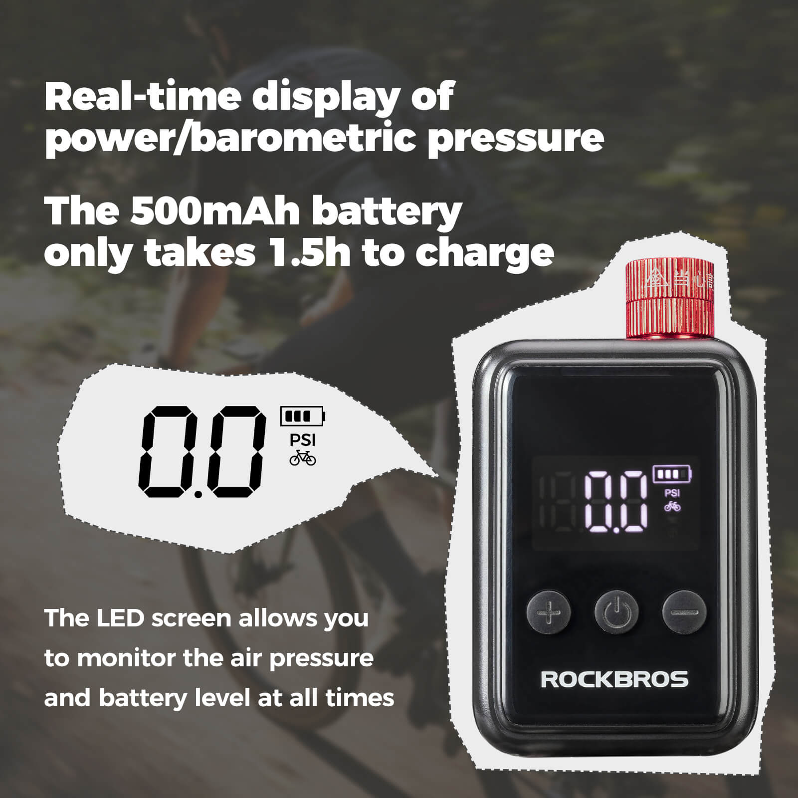 Rockbros 150PSI portable electric bike pump for fast tire inflation.