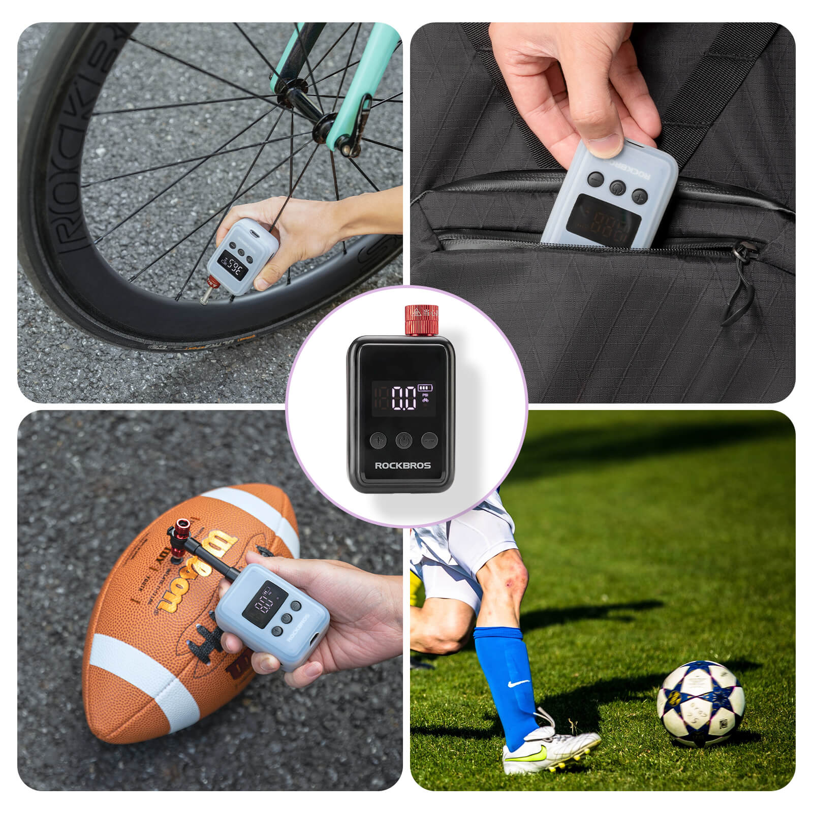 Rockbros 150PSI portable electric bike pump for fast tire inflation.