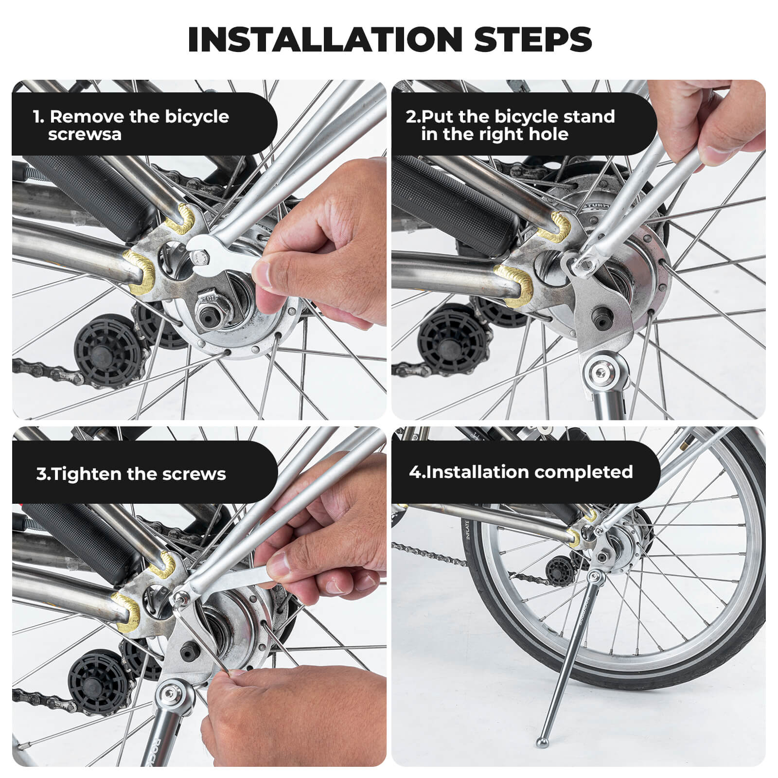 ROCKBROS lightweight aluminum kickstand for 16-inch folding bikes for parking.
#color_titanium
