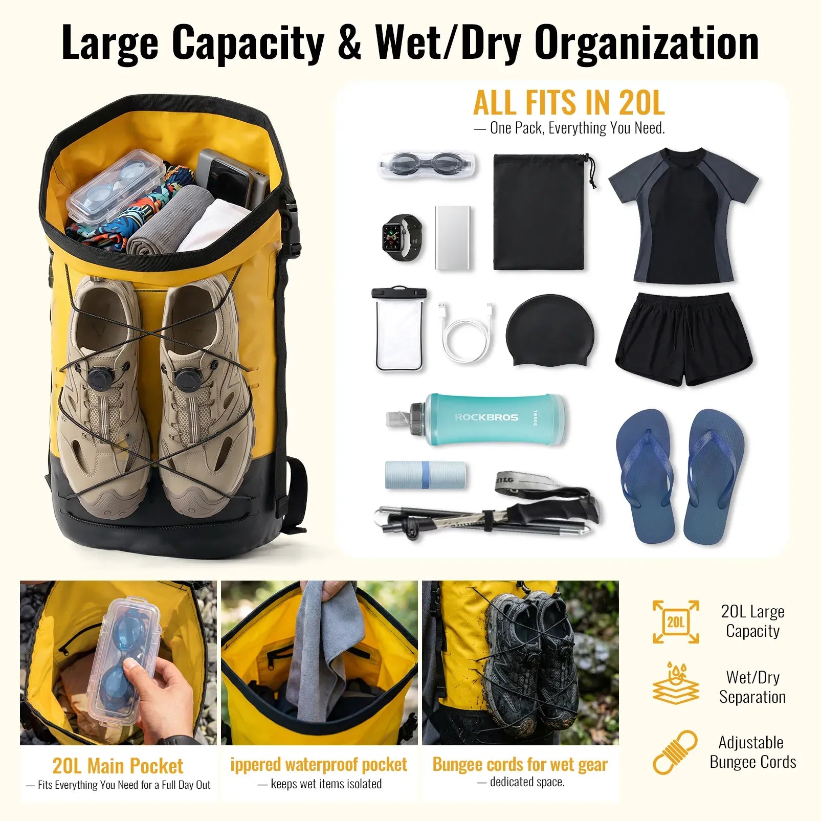 Rockbros 20L waterproof dry bag backpack in black for outdoor adventures.
#color_orange
