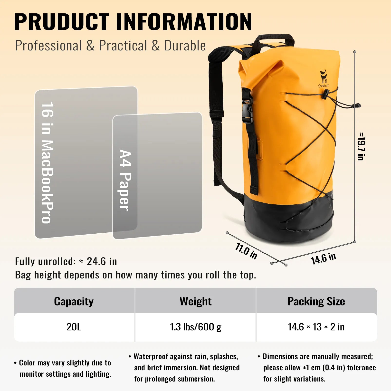 Rockbros 20L waterproof dry bag backpack in black for outdoor adventures.
#color_orange