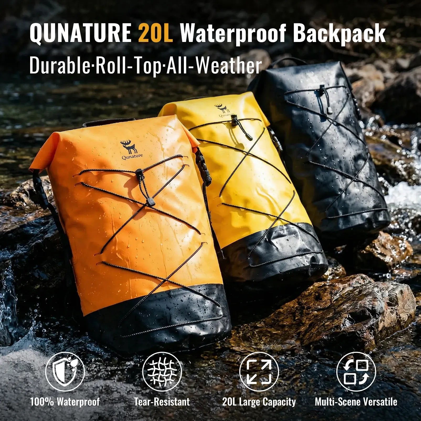 Rockbros 20L waterproof dry bag backpack in black for outdoor adventures.
#color_yellow