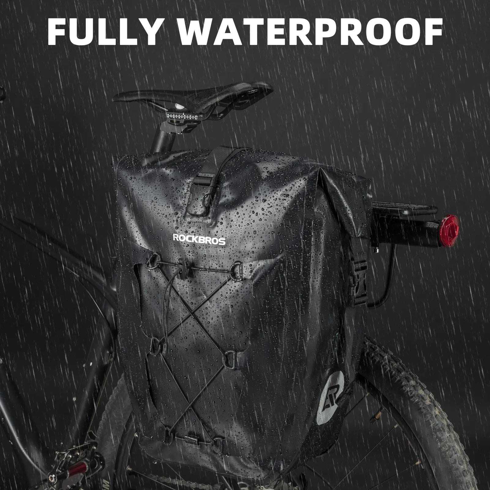 ROCKBROS 25L waterproof bike pannier bag installed on bicycle rear rack for touring and commuting.
#color_black