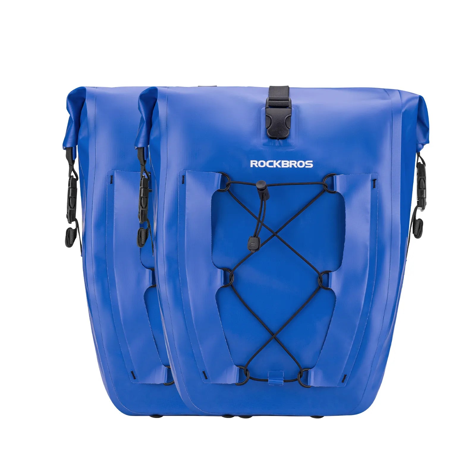 ROCKBROS 25L waterproof bike pannier bag installed on bicycle rear rack for touring and commuting.
#color_blue