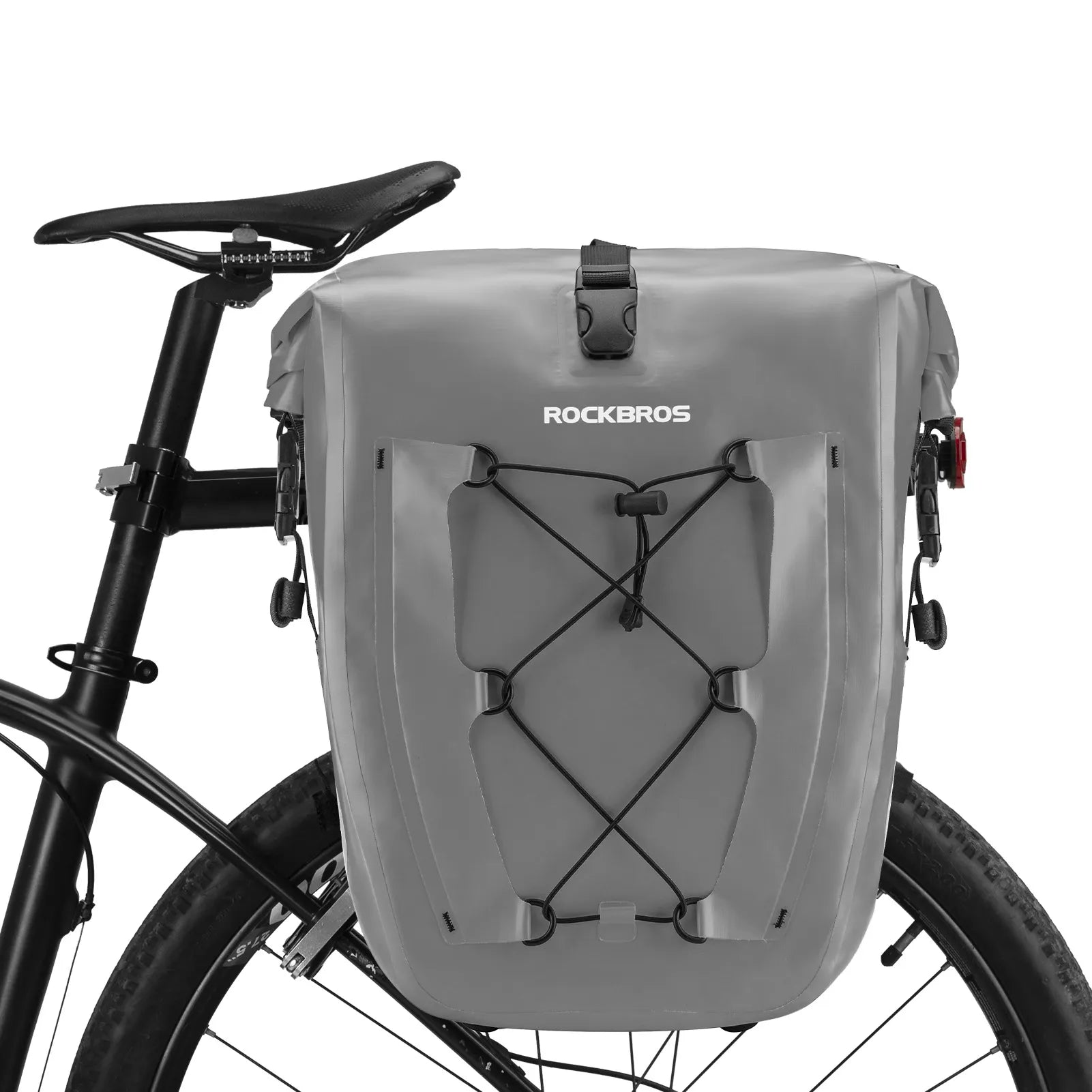 ROCKBROS 25L waterproof bike pannier bag installed on bicycle rear rack for touring and commuting.
#color_grey
